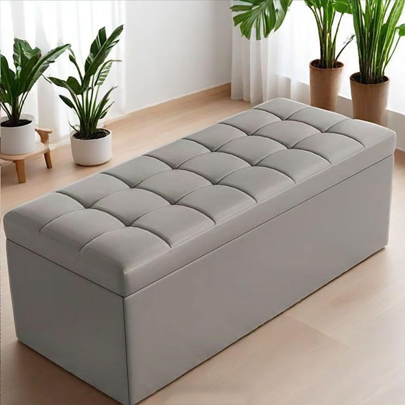 KLGFBDC Tufted Faux Leather Storage Ottoman Bench Stylish End of Bed Footrest Stool Durable Entryway Shoe Bench Supports 660 lbs Gray (24x16x16 in) for Bedroom & Living Room