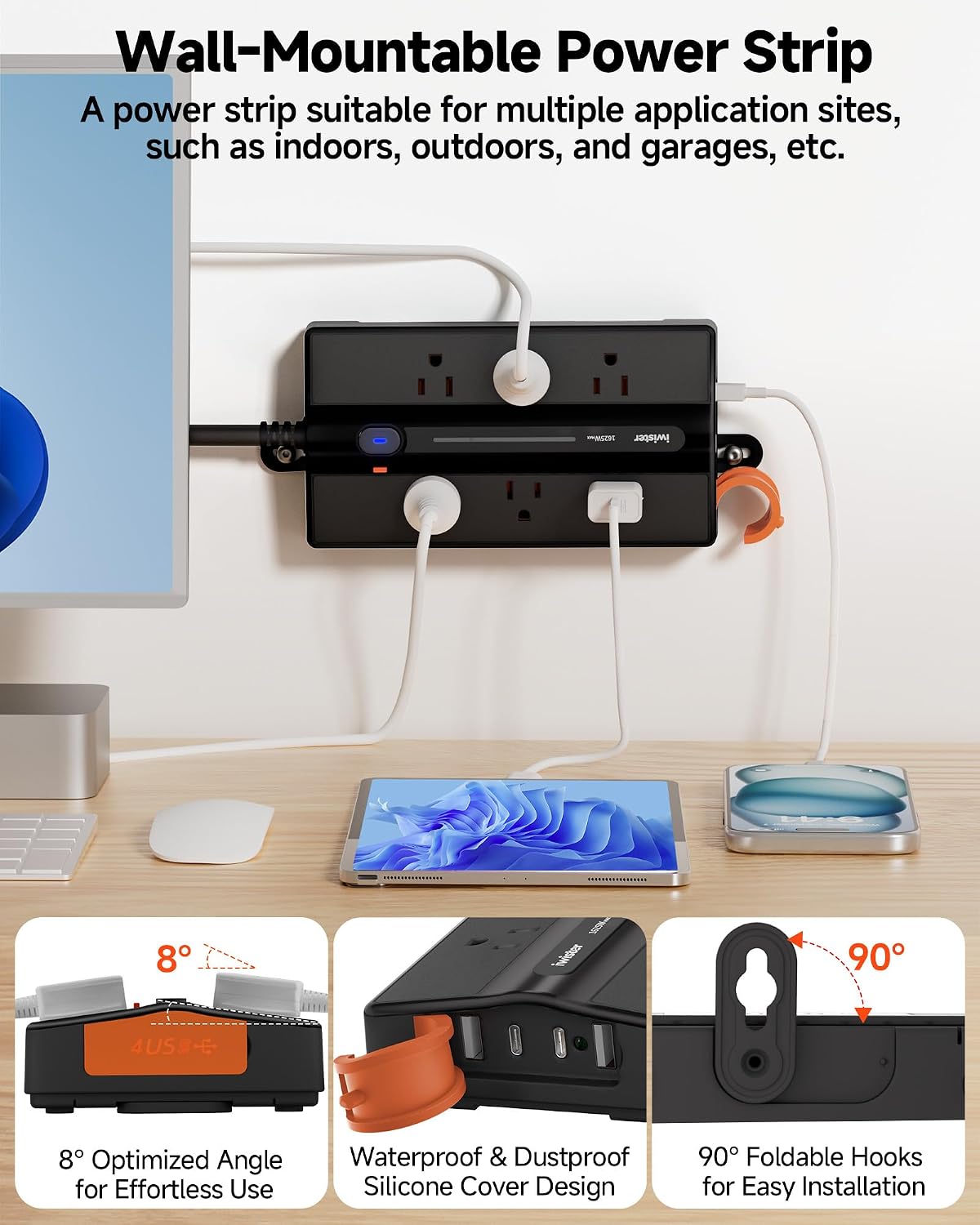 Outdoor Power Strip Waterproof, 1625W/13A Extension Cord Waterproof with 6 Outlets & 4 USB,Angle Design Wide Power Strip, Overload & Short Circuit Protection for Home,Patio,Party