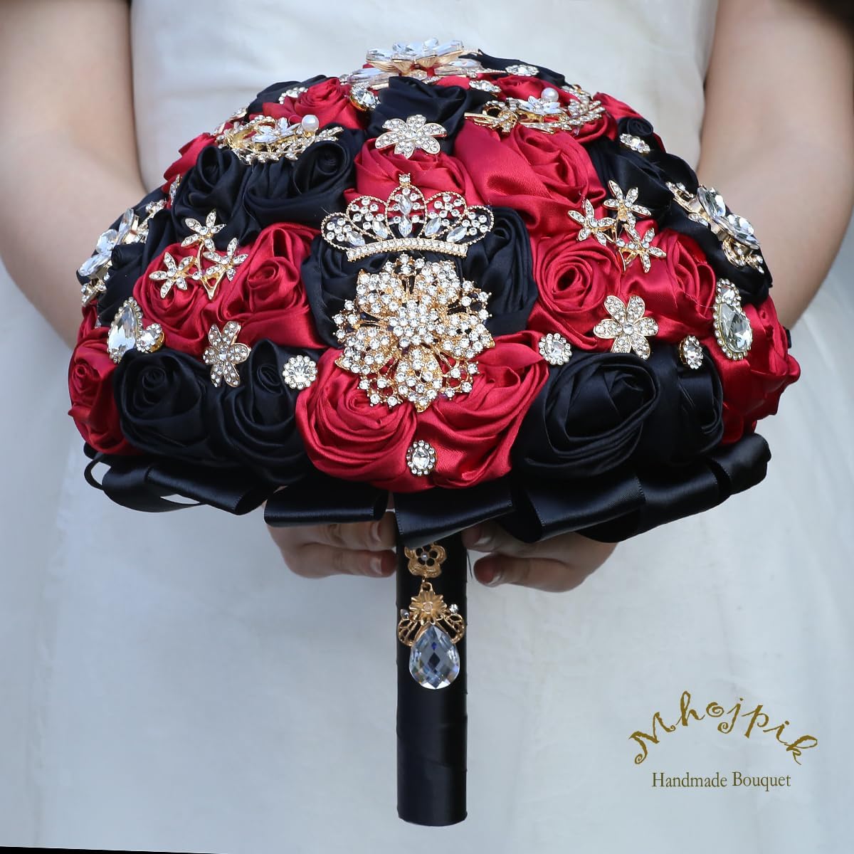 Handmade Wedding Flowers Bouquet Round Holding Bridal Bouquet Artificial Satin Roses Bunch for Bride Bridesmaid Wedding Quinceanera (Black & Burgundy, 8.7")
