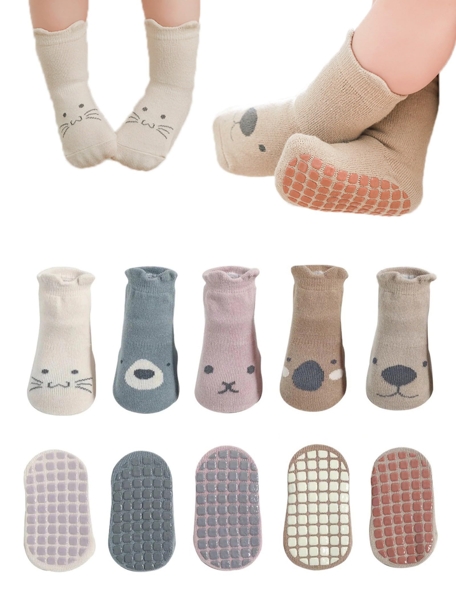 BEHELE Baby Toddler Non-skid Socks with Grips Anti Skid Slipper Cartoon Socks for Girls Boys Infant Newborn 5 Pairs (US, Age, 0 Months, 12 Months, STYLE2)