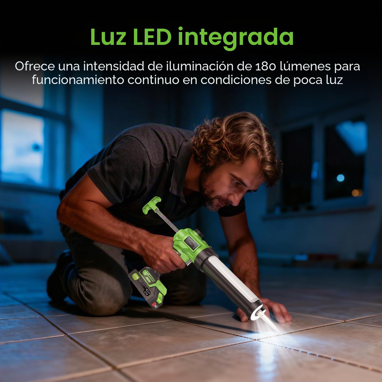 Pistola de cartuchos eléctrica con luz LED, regulación de velocidad continua, con dos baterías, para cartuchos de 280 ml-330 ml