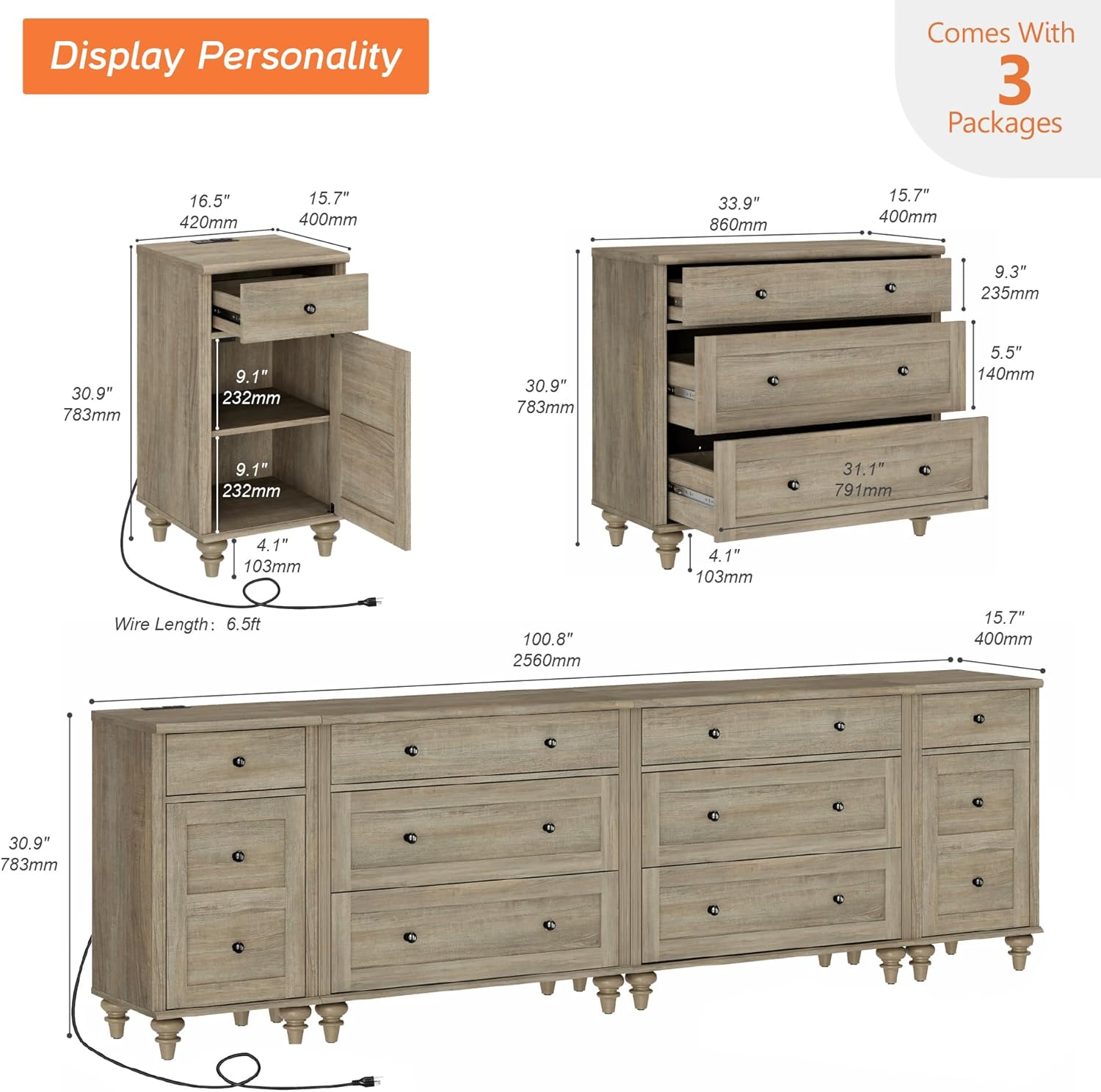 WAMPAT Dresser for Kids Bedroom with 8 Drawers and 2 Storages, Nightstands with Charging Station for Living Room, Grey Baby Dressers with Wide 3 Chest of Drawers, for Nursery, Hallway