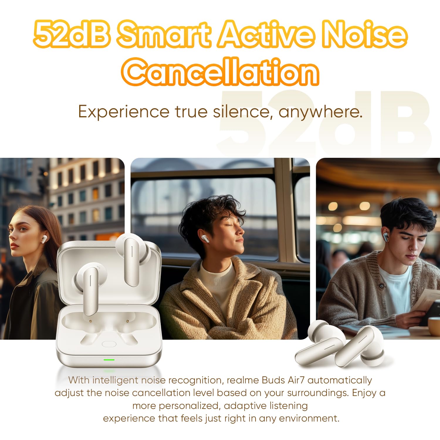 realme Buds Air 7 Cuffie wireless, Driver Deep Bass da 12,4 mm, Cancellazione attiva del rumore smart fino a 52 dB, Spegni il rumore, accendi la musica, Oro