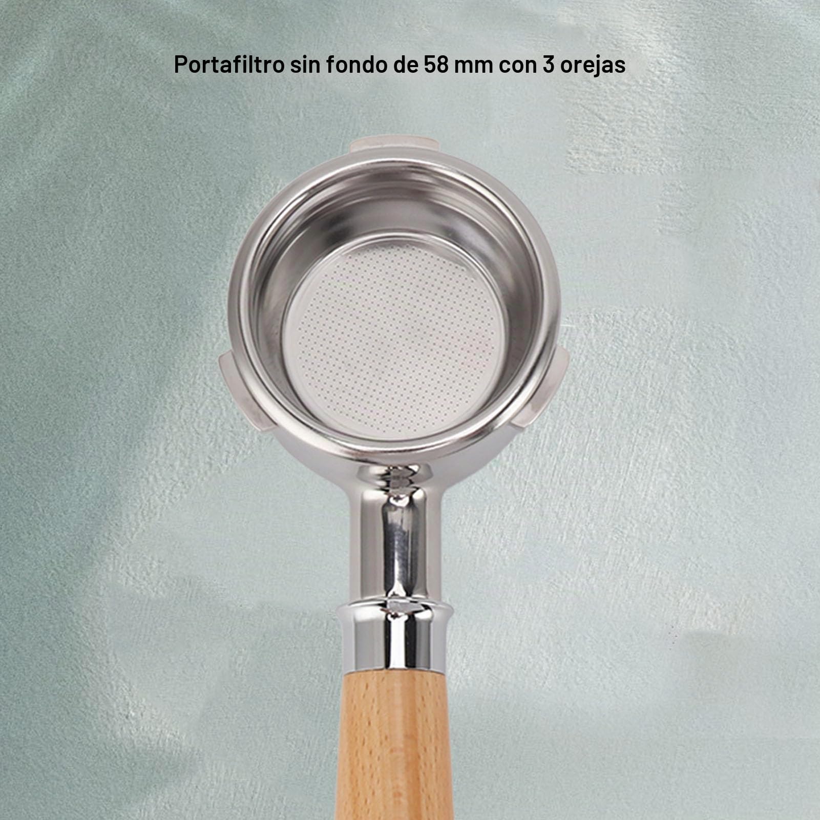 Portafiltro de café sin Fondo de 58 Mm, Portafiltro de Cesta de Filtro de Taza, Portafiltro de café de Acero Inoxidable de 3 Orejas Mango de Madera Maciza para Barsetto