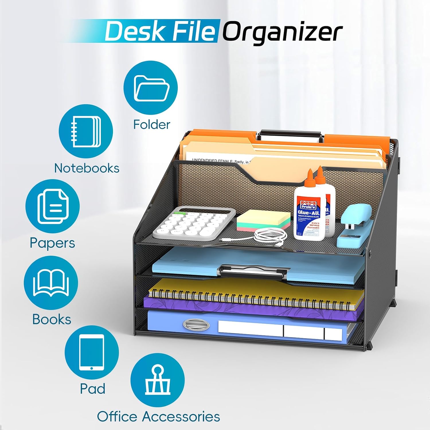Desk File Organizer, 4 Letter Trays and 2 Upright Sections, Black image 3
