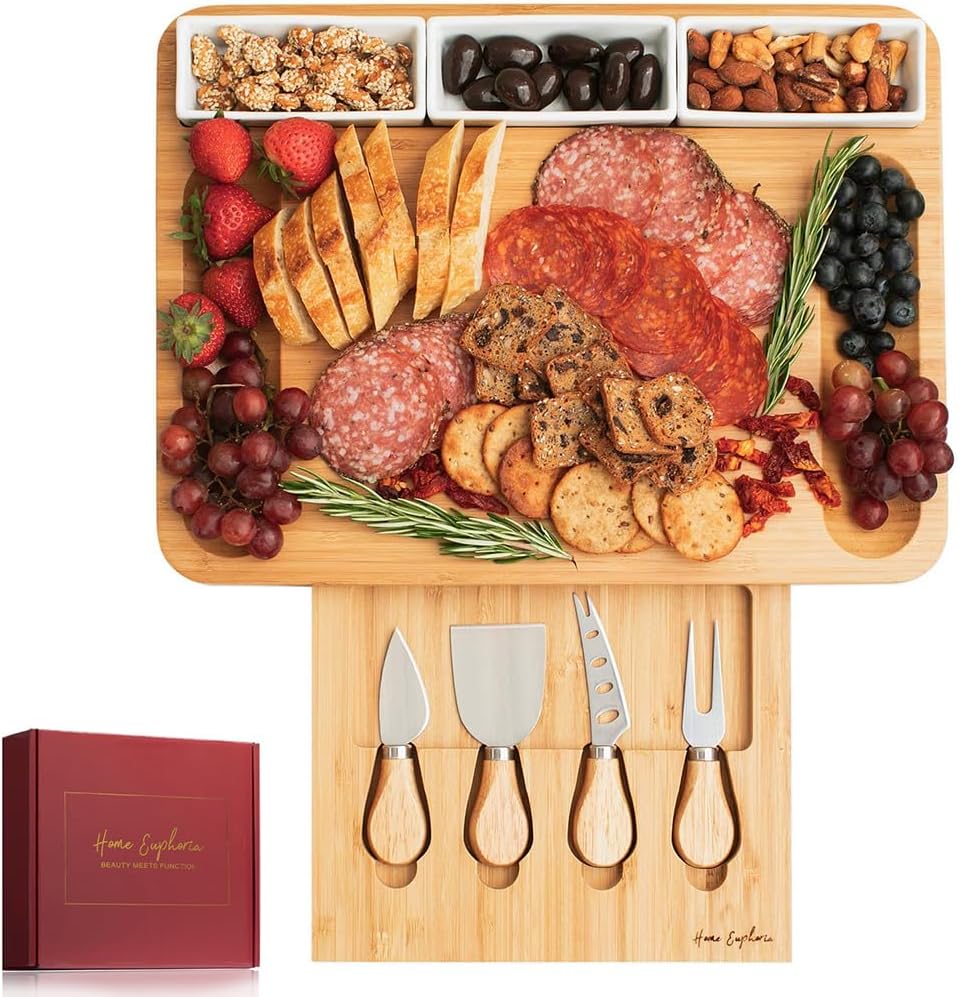 Home Euphoria Large Bamboo Charcuterie Board and Knife Set – Cheese Board with Bowls, Beautiful Gift for Mom