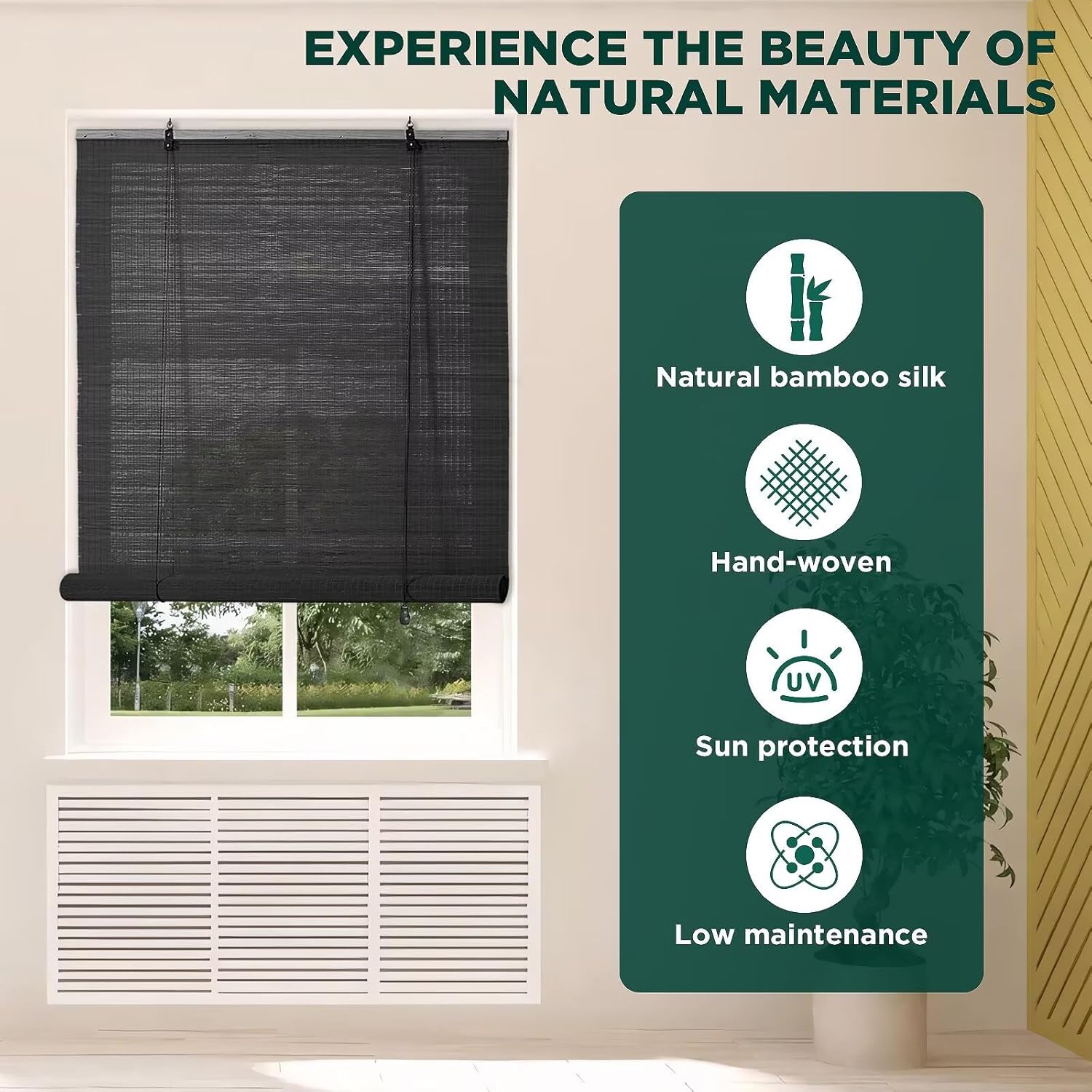 bamboo blinds for interior windows, easy to install bamboo shades for indoor windows, custom roller shades for indoor window and outdoor black color