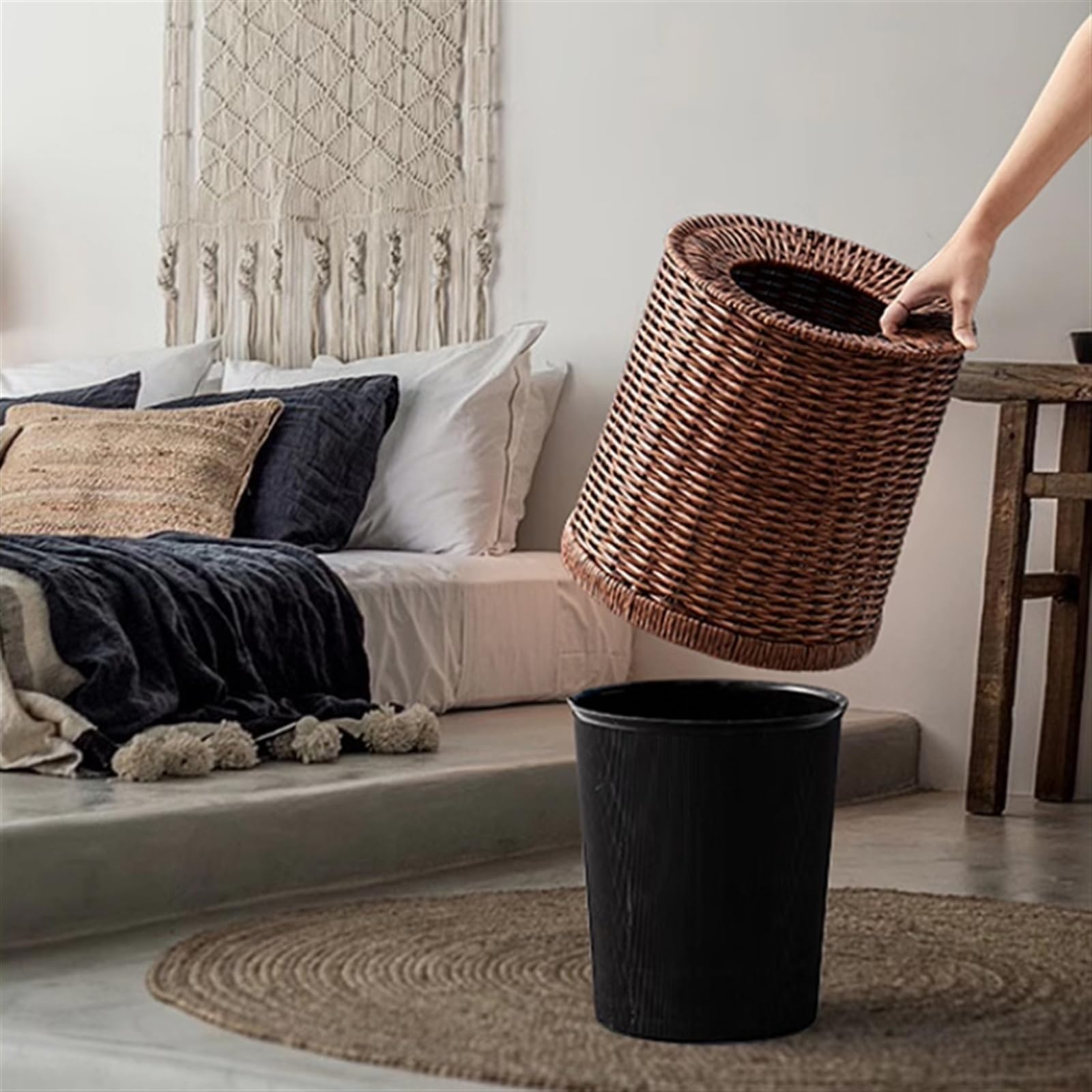 Corbeille à papier ronde sans couvercle, poubelle en rotin, poubelle tissée ouverte de 8/12 litres avec bac intérieur for le bureau à domicile(Small)