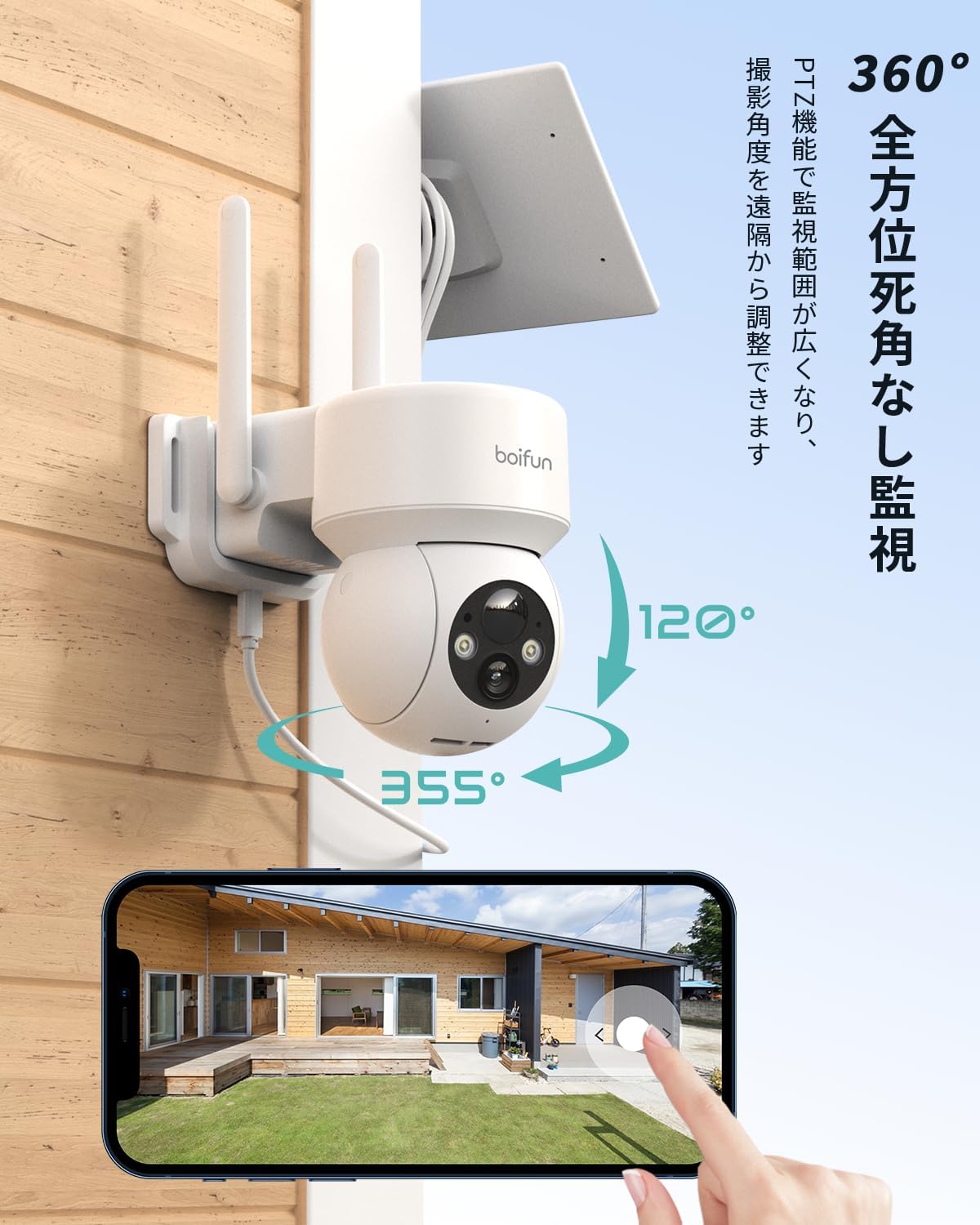 BOIFUN camera mounted on a wall, showing its 360-degree rotation capability