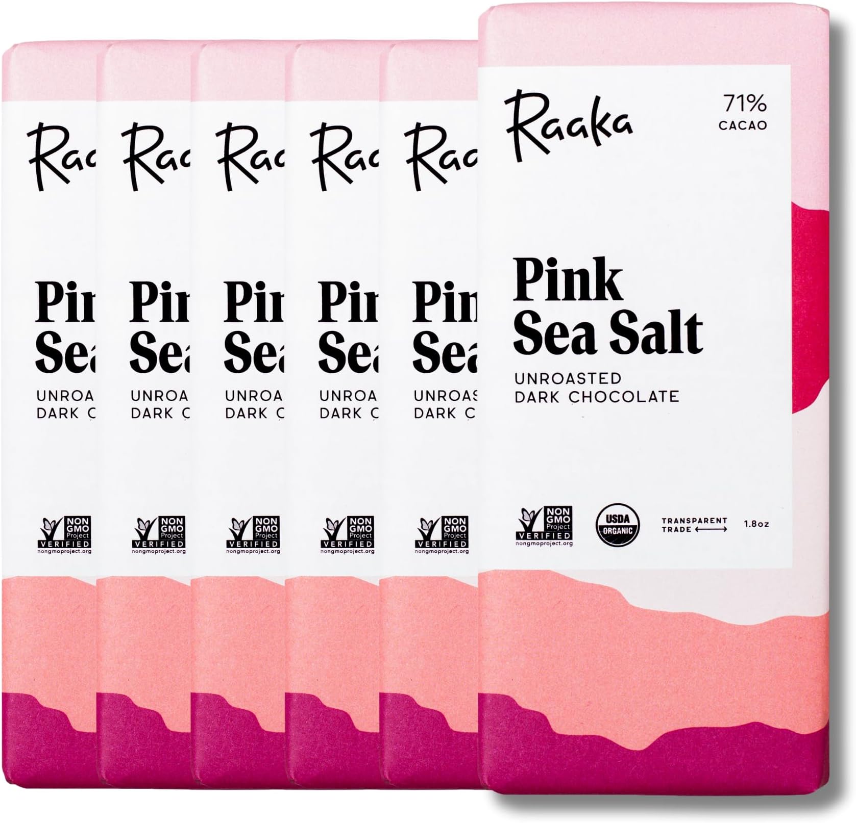 Raaka Pink Sea Salt Organic Dark Chocolate - 71% Cacao - Gourmet Dark Chocolate - Organic, Vegan, Gluten Free, Kosher | 1.8oz Bars, 6-Pack