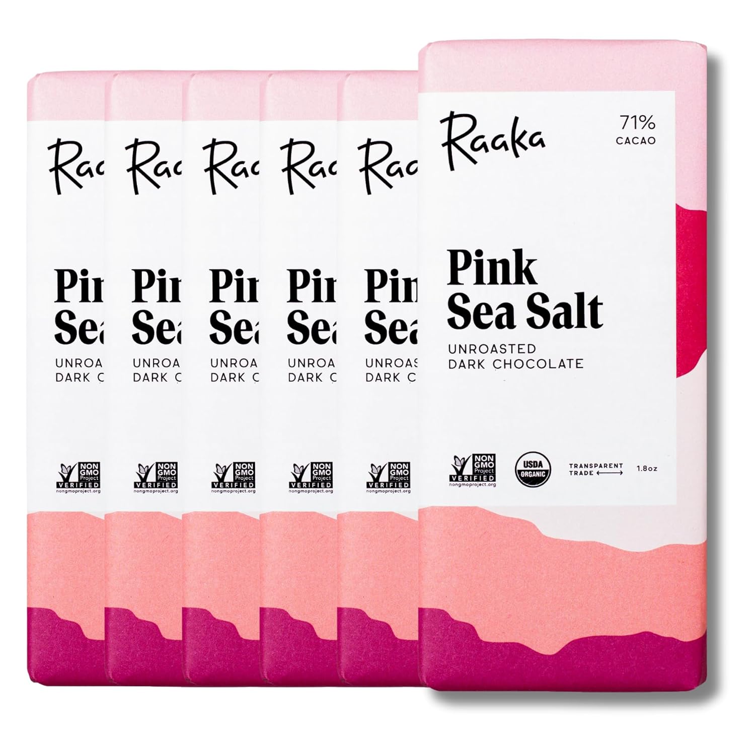 Raaka Pink Sea Salt Organic Dark Chocolate - 71% Cacao - Gourmet Dark Chocolate - Organic, Vegan, Gluten Free, Kosher | 1.8oz Bars, 6-Pack