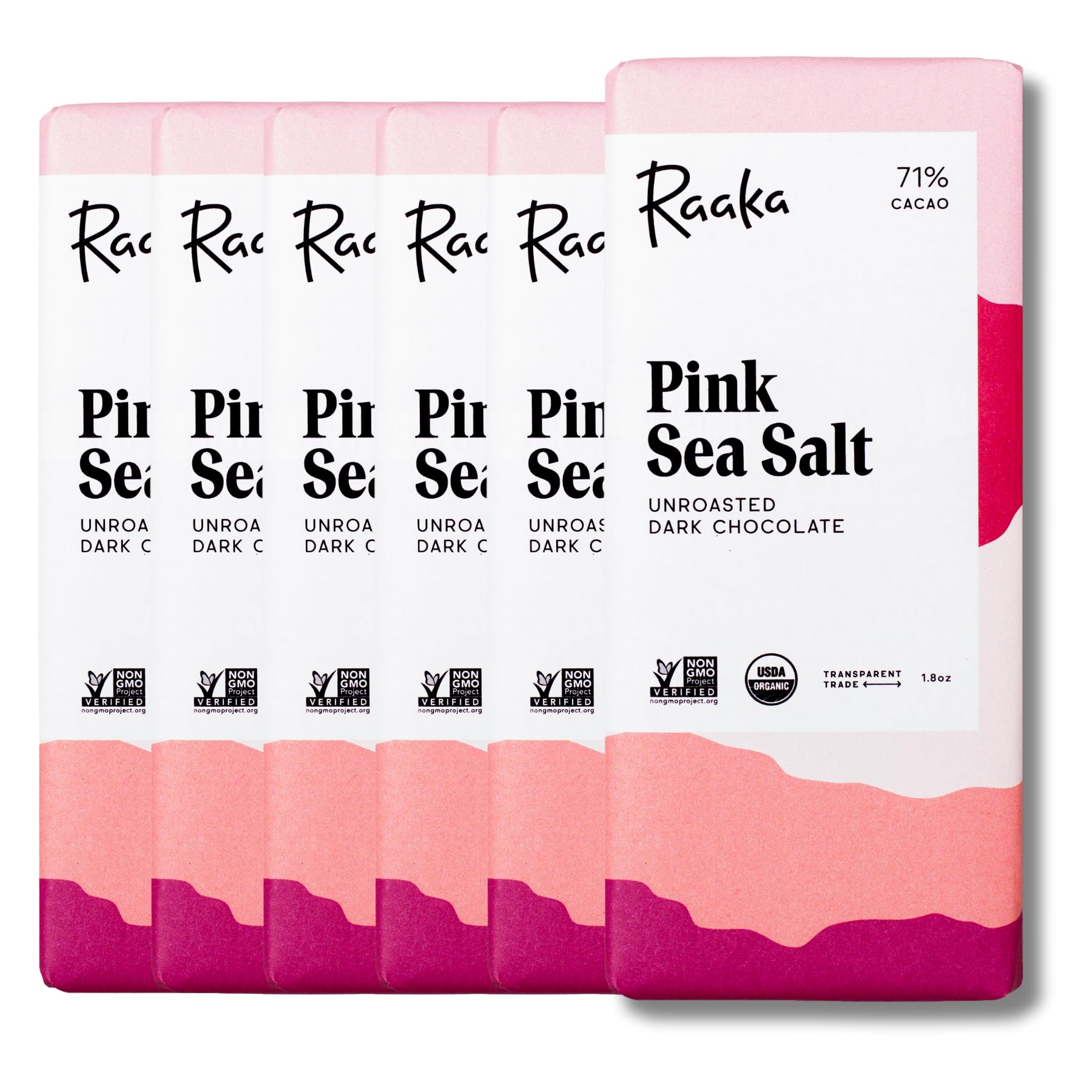 Raaka Pink Sea Salt Organic Dark Chocolate - 71% Cacao - Gourmet Dark Chocolate - Organic, Vegan, Gluten Free, Kosher | 1.8oz Bars, 6-Pack