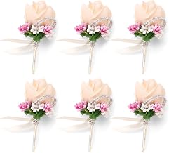 Boutonniere for Men Wedding Set 6PCS, Groom Best Man Boutonniere Champagne Corsage with Silk Rose for Ceremony Anniversary Engagement Formal Dinner Party Artificial Flowers Prom Suit Decorations