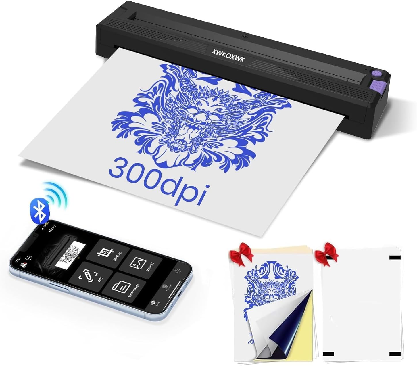 Tattoo Stencil Printer Machine for Tattoo Artists&Beginners,Compatible with Phone/Pc&Pad,Portable Bluetooth Thermal Inkless Wireless Printer,with 3 pcs Tattoo Transfer Paper