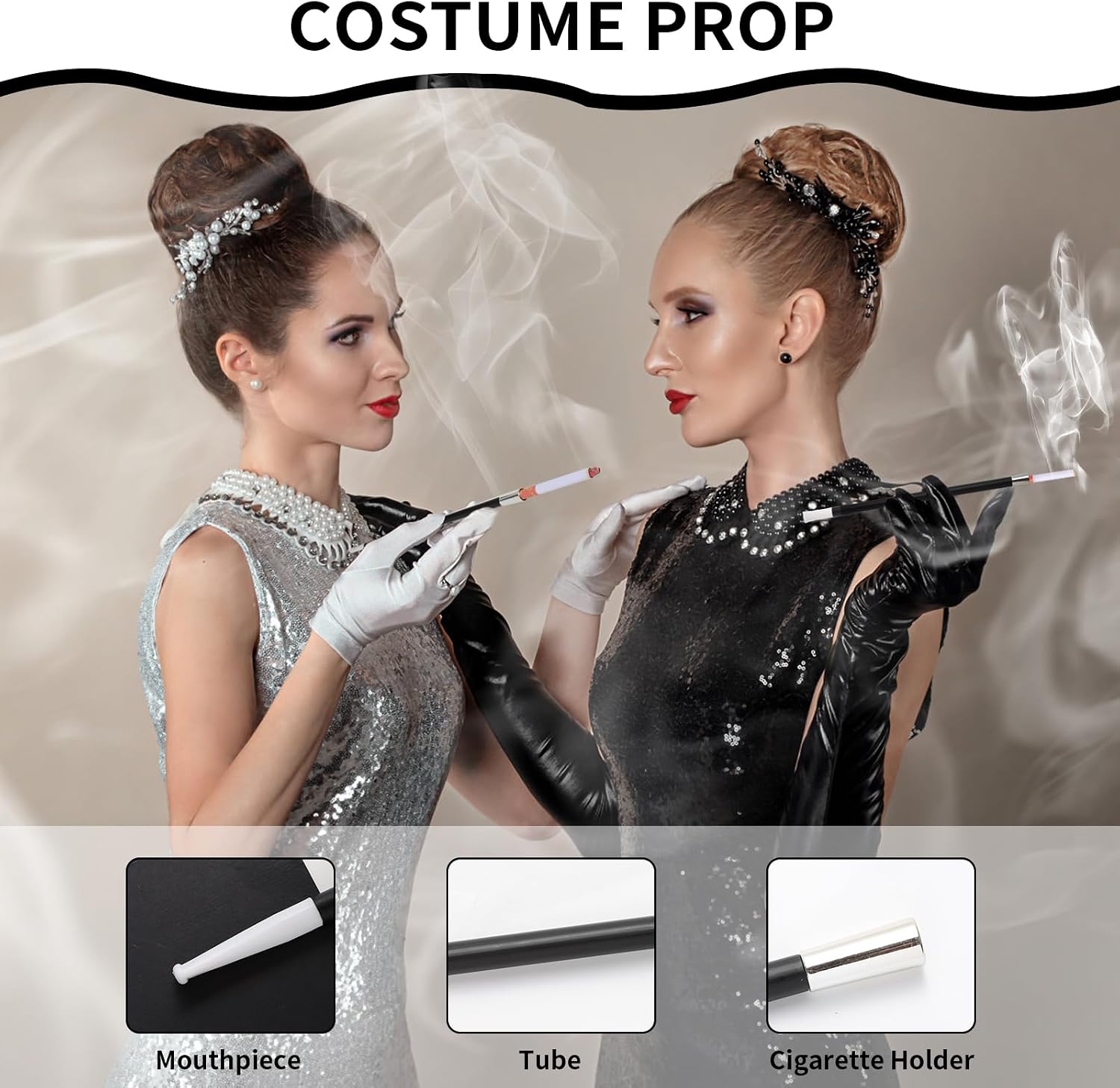 CLESEN 2 Long Cigarette Holders & 4 Fake Puff Cigarettes with Smoke for Halloween Accessories for Women Costumes Like Cruella Deville, Great Gatsby Roaring 1920s Flapper Costume Photo Prop,Halloween image 4