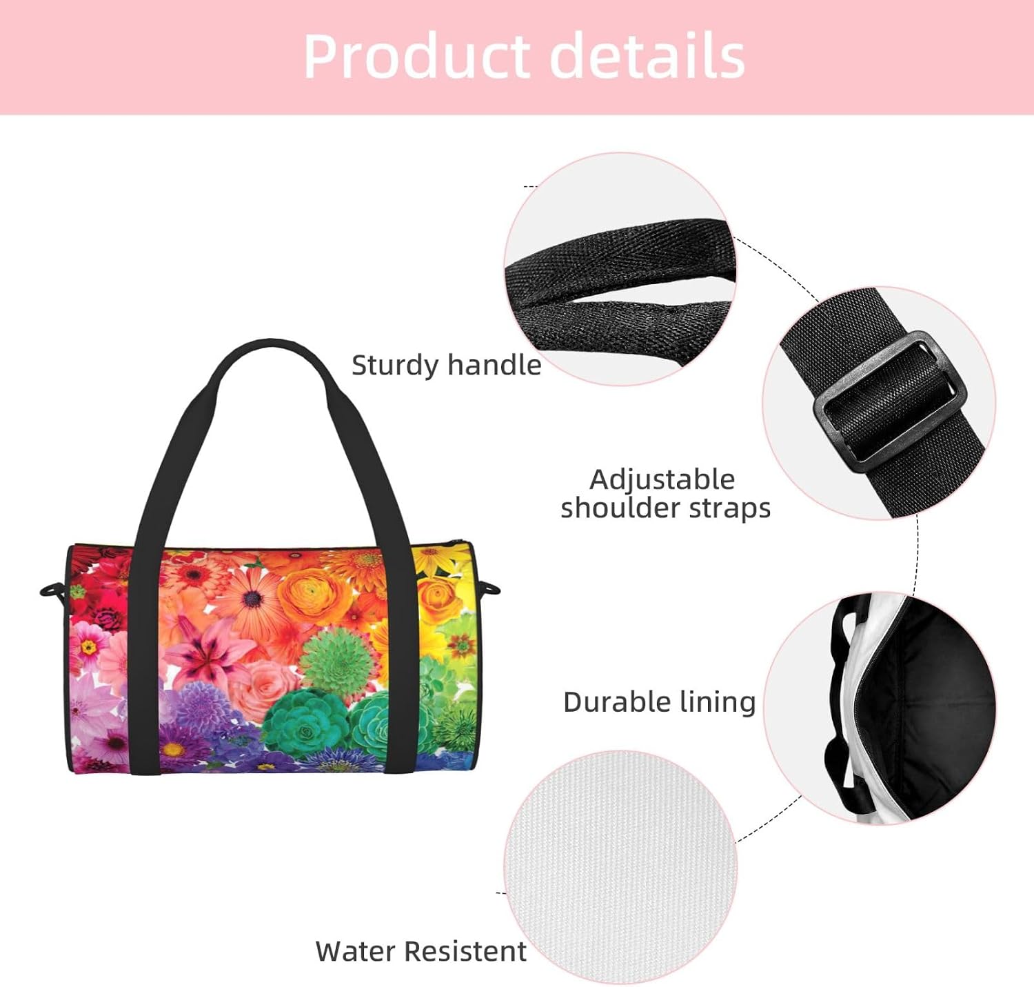 Rainbow Flowers Print Sports Tote Bag Lightweight Water-Resistant Gym Backpack Travel Supplies