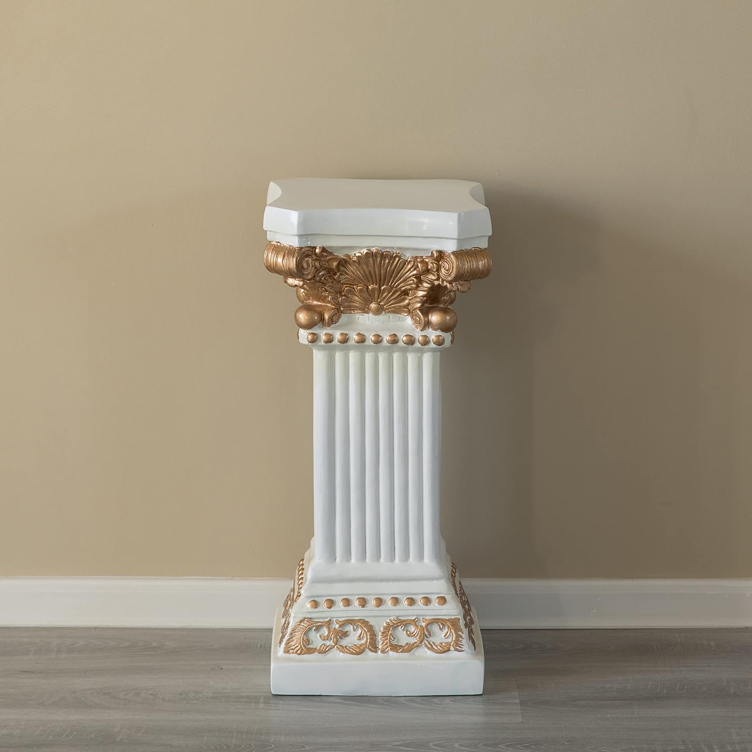 Decorative Modern Fiberglass White and Gold Plinth Roman Style Column Ionic Pedestal Vase Stand for Wedding, Living Room, or Dining Room, 27 inch