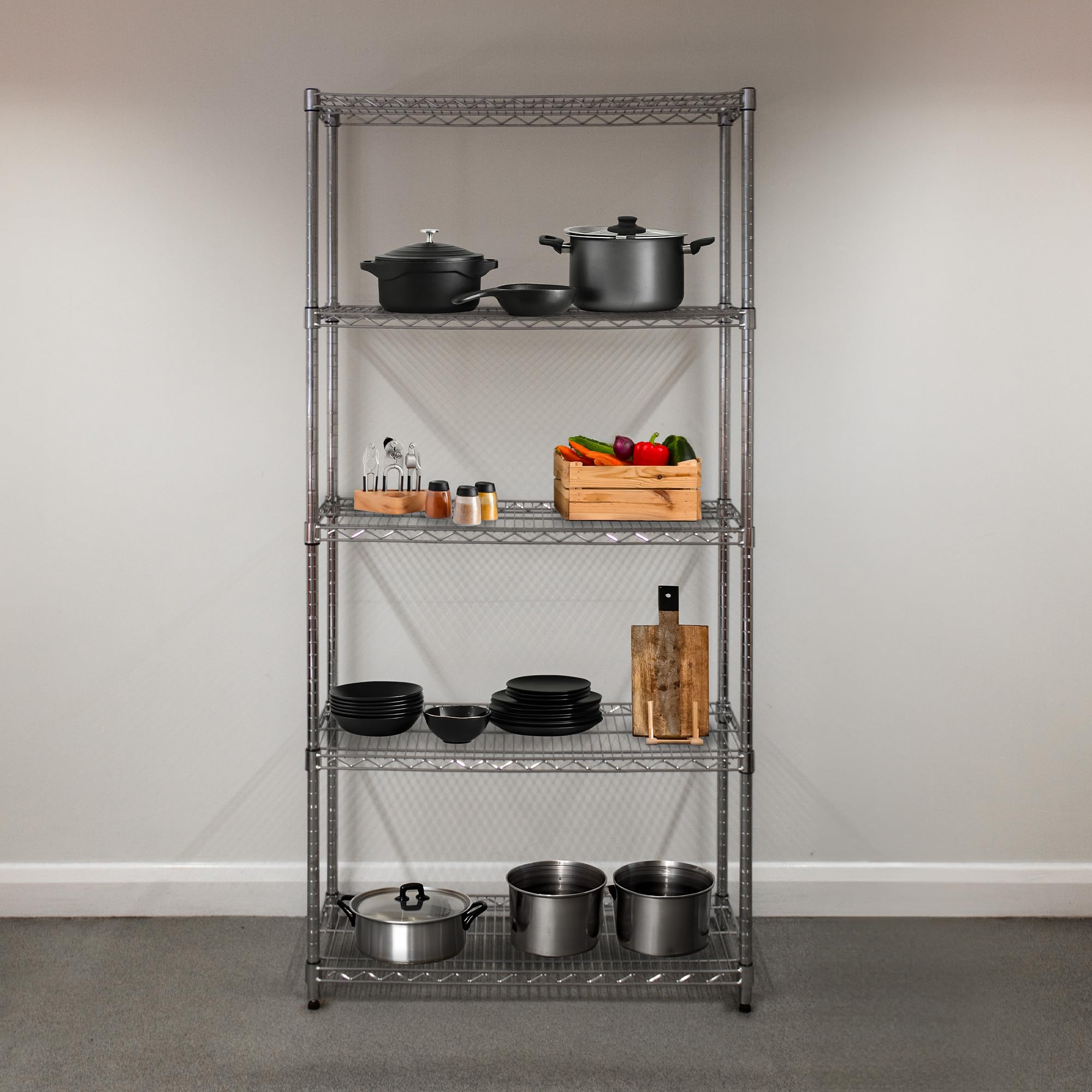 Estantería de Alambre 5 Niveles sin Tornillos Almacenaje Almacenamiento Metálico Acero Carbono Cromado Cocina Oficina Garaje 45x90x180cm con Estantes Ajustables Pies Niveladores Capacidad Peso 1000kg