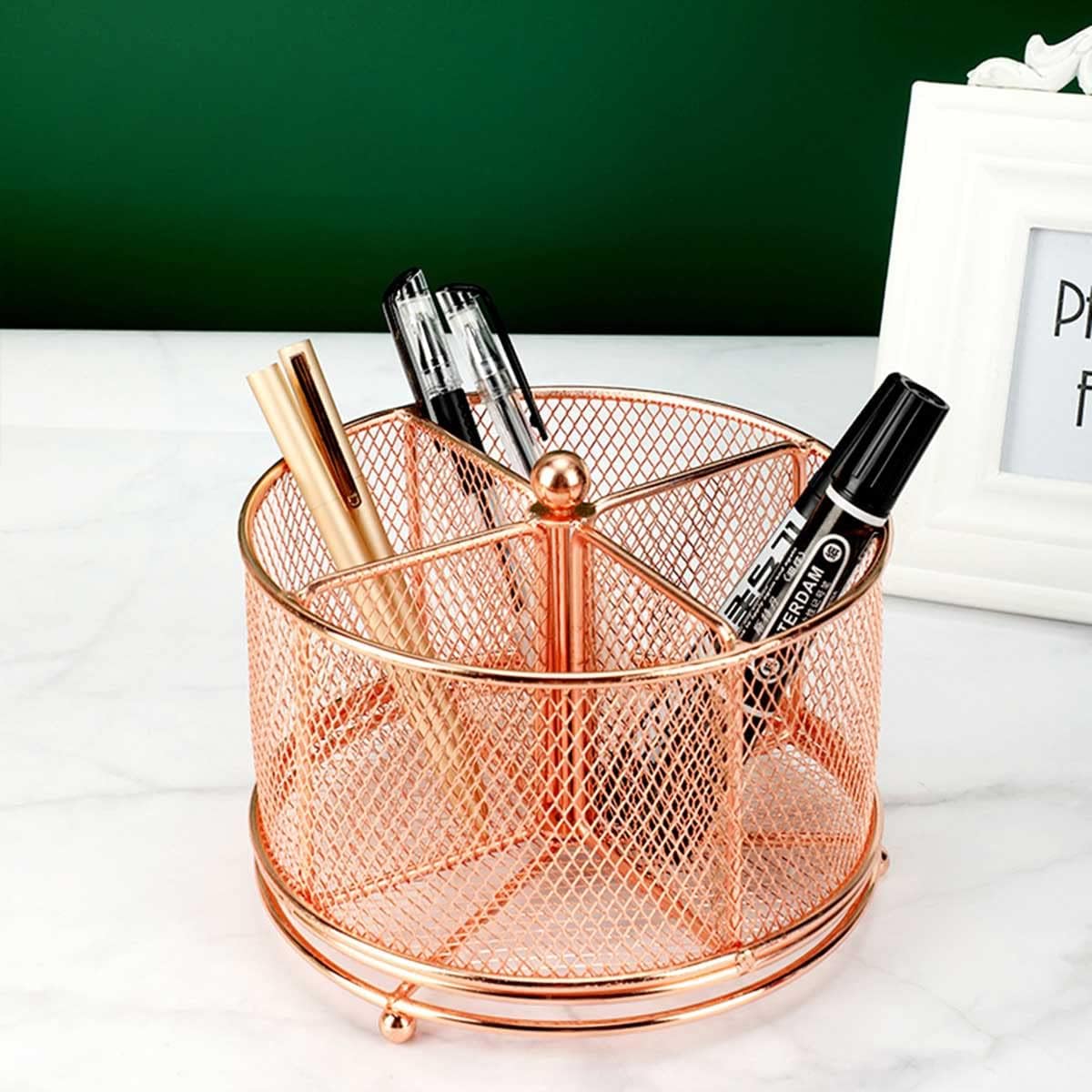 Rose Gold Swivel Desk Pen Holder Rotating Pen Organizer for Desk Tidying,Durable Metal with 4 Compartments Desktop Turntable Pen Holder Storage for Pen Colored Pencil Art Brushes Small Items