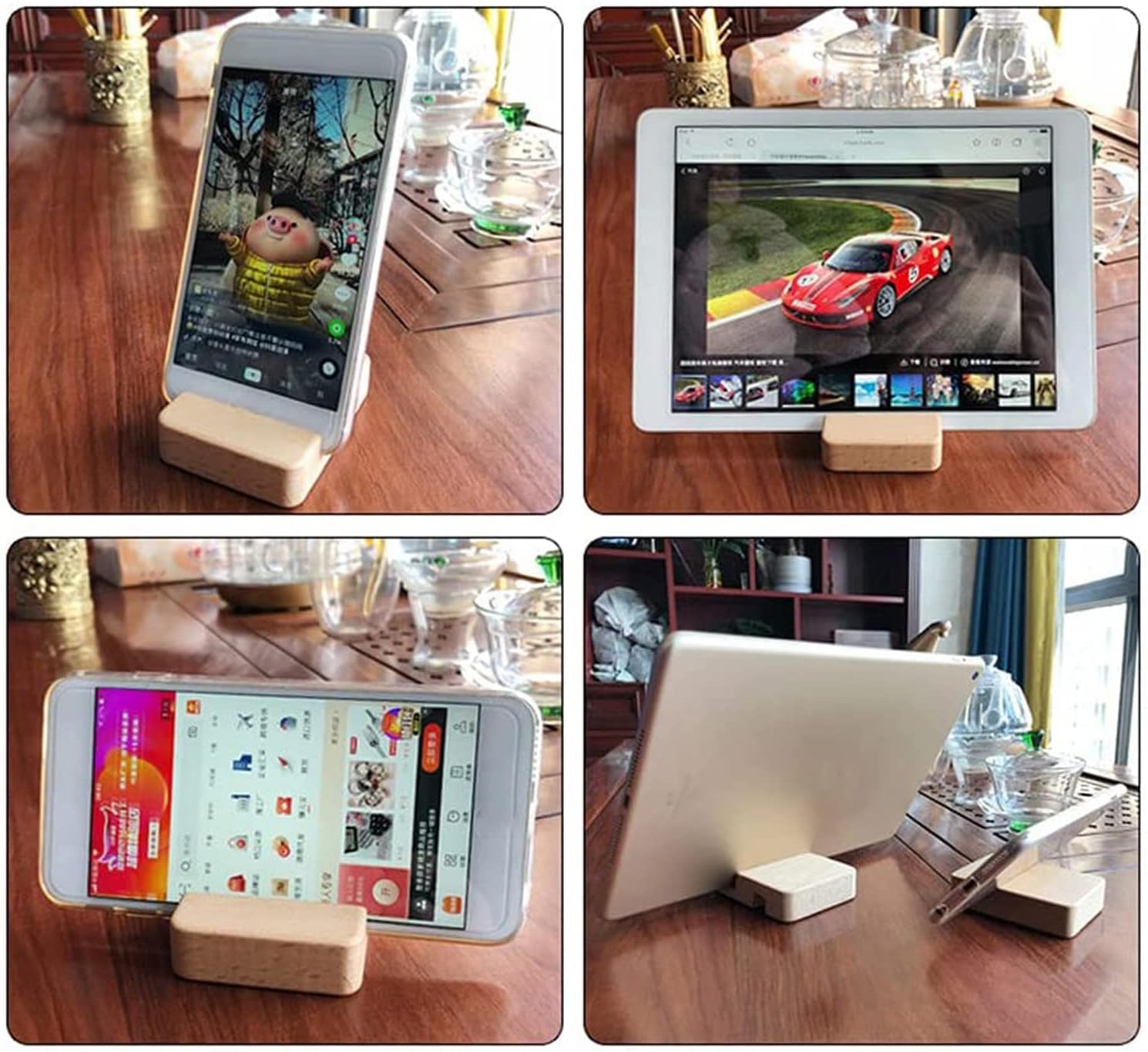 VILIA 2 Pieces Double Groove Design Natural Wood Cell Phone Stand Portable Mobile Holder,Desktop Holder for All Kinds of Phone iPad Mini - Image 5