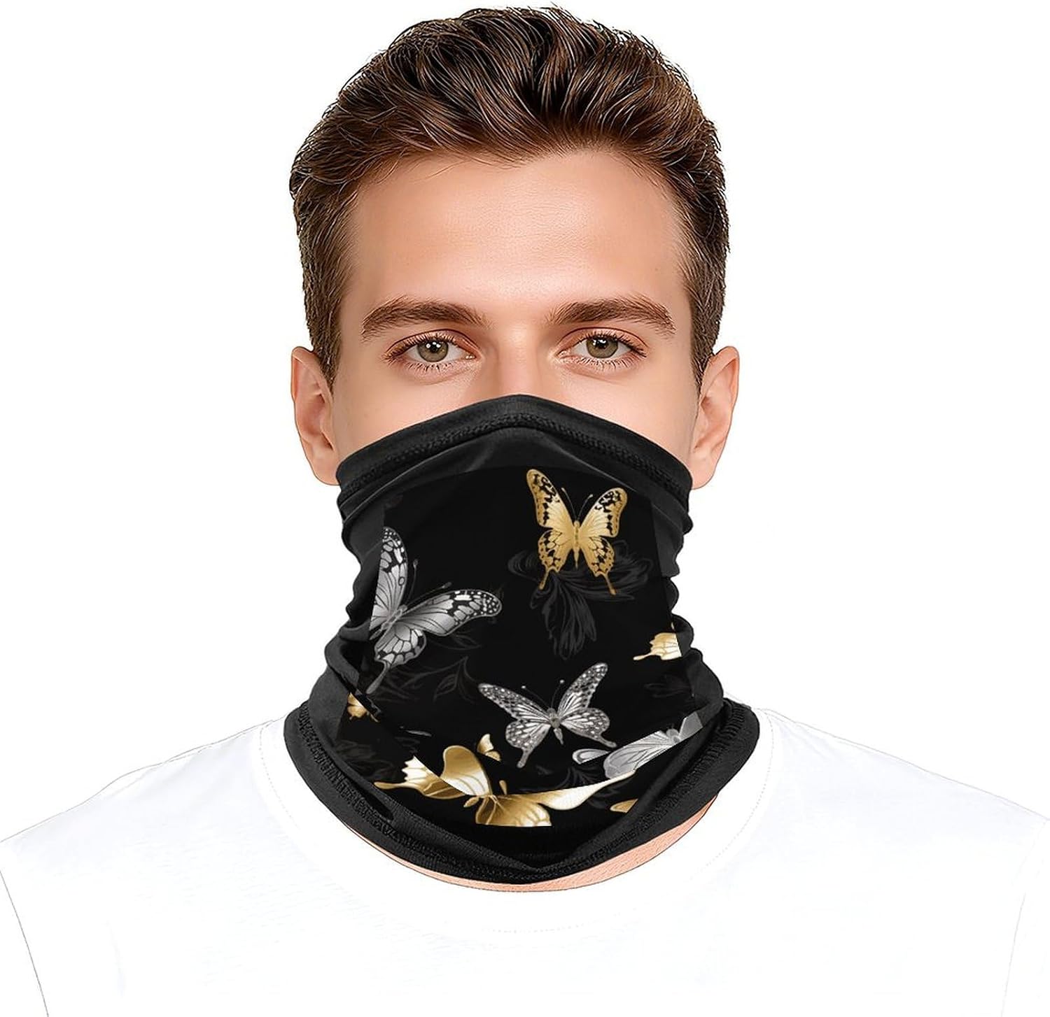 Gold White Butterflies Black Neck Gaiter Face Mask Ski Mask Cold Weather Balaclava Winter Face Cover Scarf for Women Men