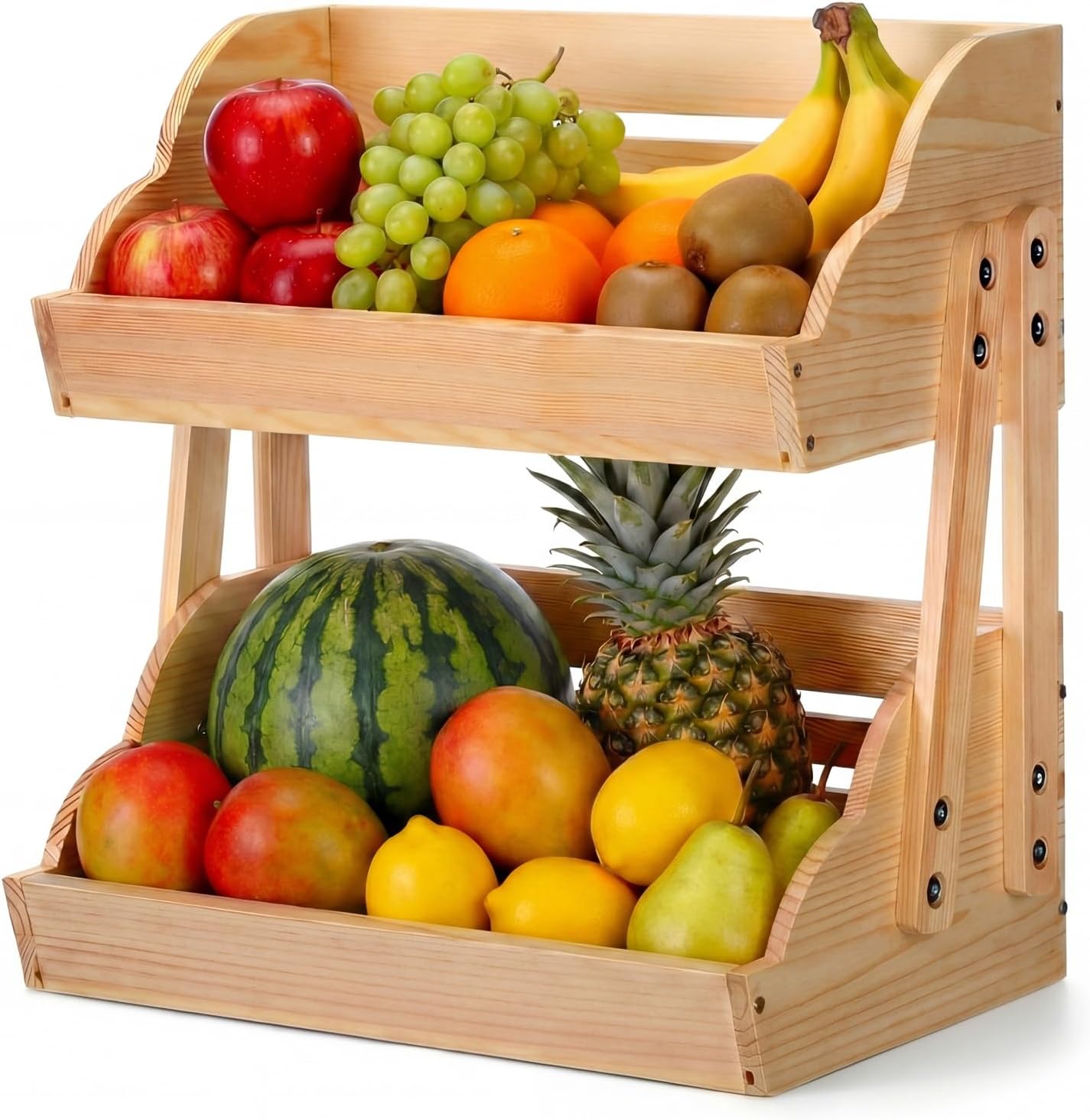 Patelai 2-Tier Pine Wood Fruit Basket Holder, Farmhouse Style Fruit Stand with Wavy Edges & 4 Sturdy Legs, Hollow Ventilation Design Keep Produce Fresh, Kitchen Counter Storage Rack