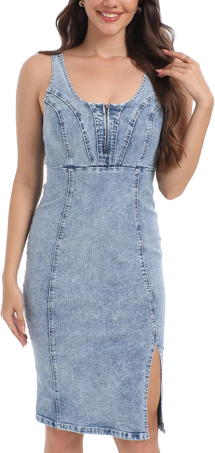 Sleeveless Bodycon Denim Summer Dress for Women with Sexy Slit Mini Jean Dresses - Image 9