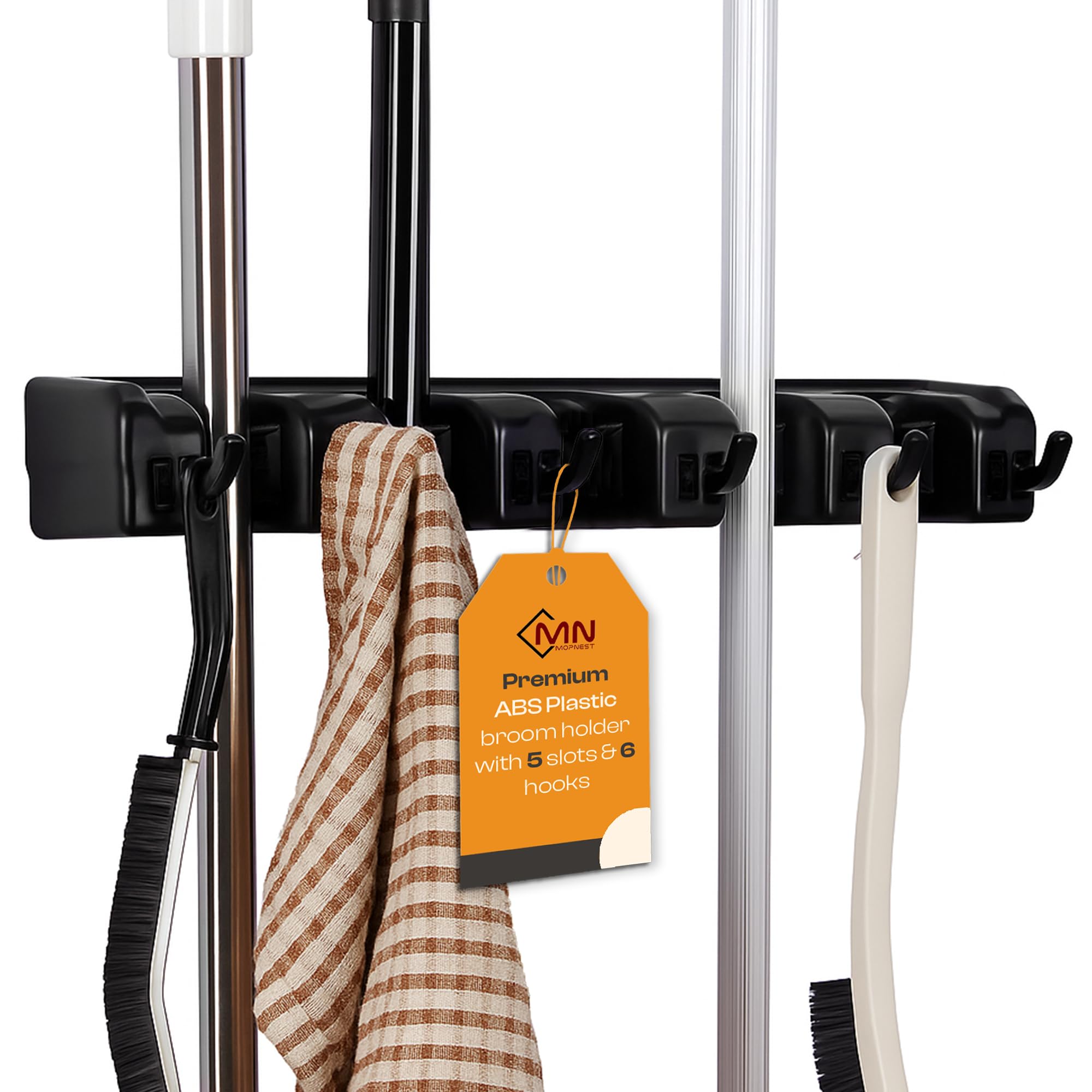 Broom & Mop Wall Mount Organizer - 5 Slots & 6 Hooks -1