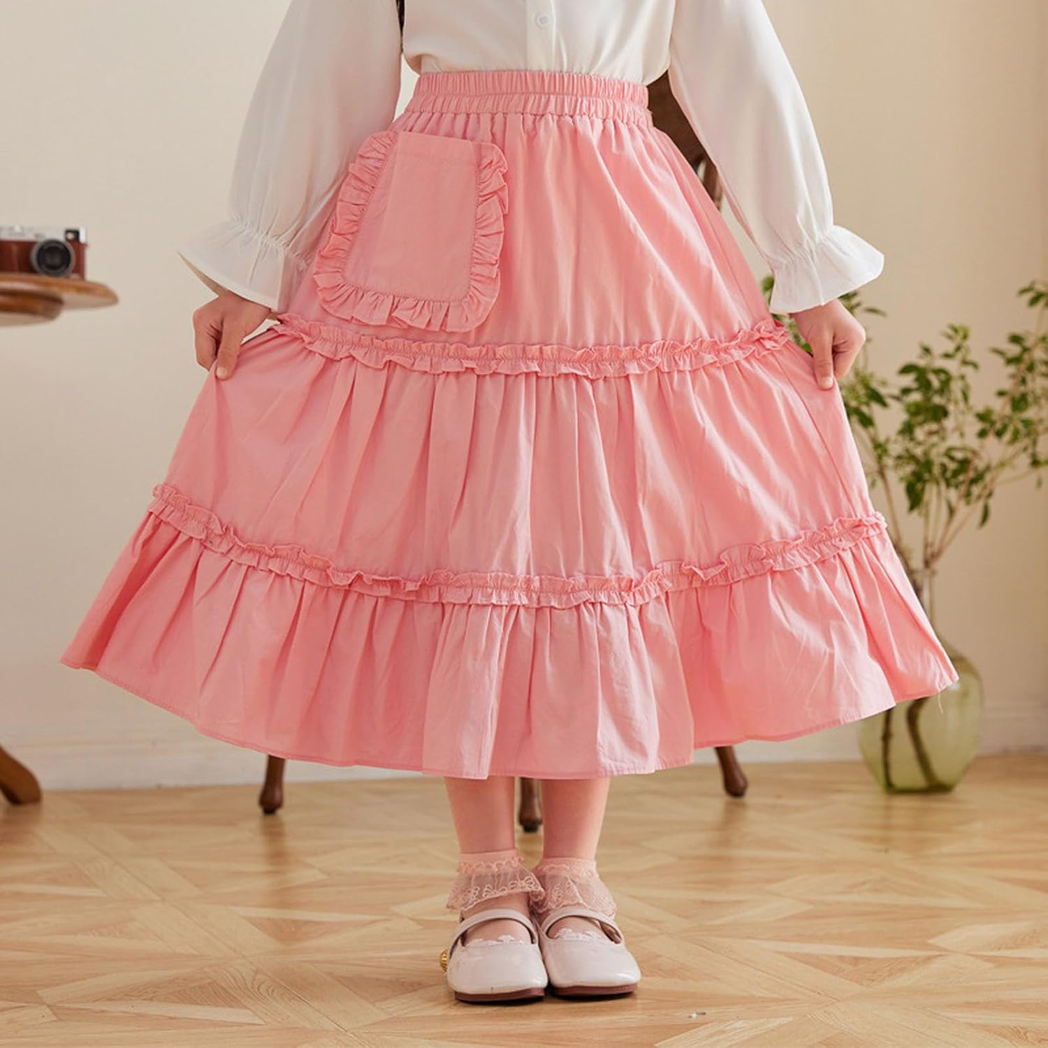 Tiered Maxi Skirt Girls 2026 Elastic Waist Long Skirts Ruffle Hem Pocket Swing Bottom Casual Boho Cute Pull On