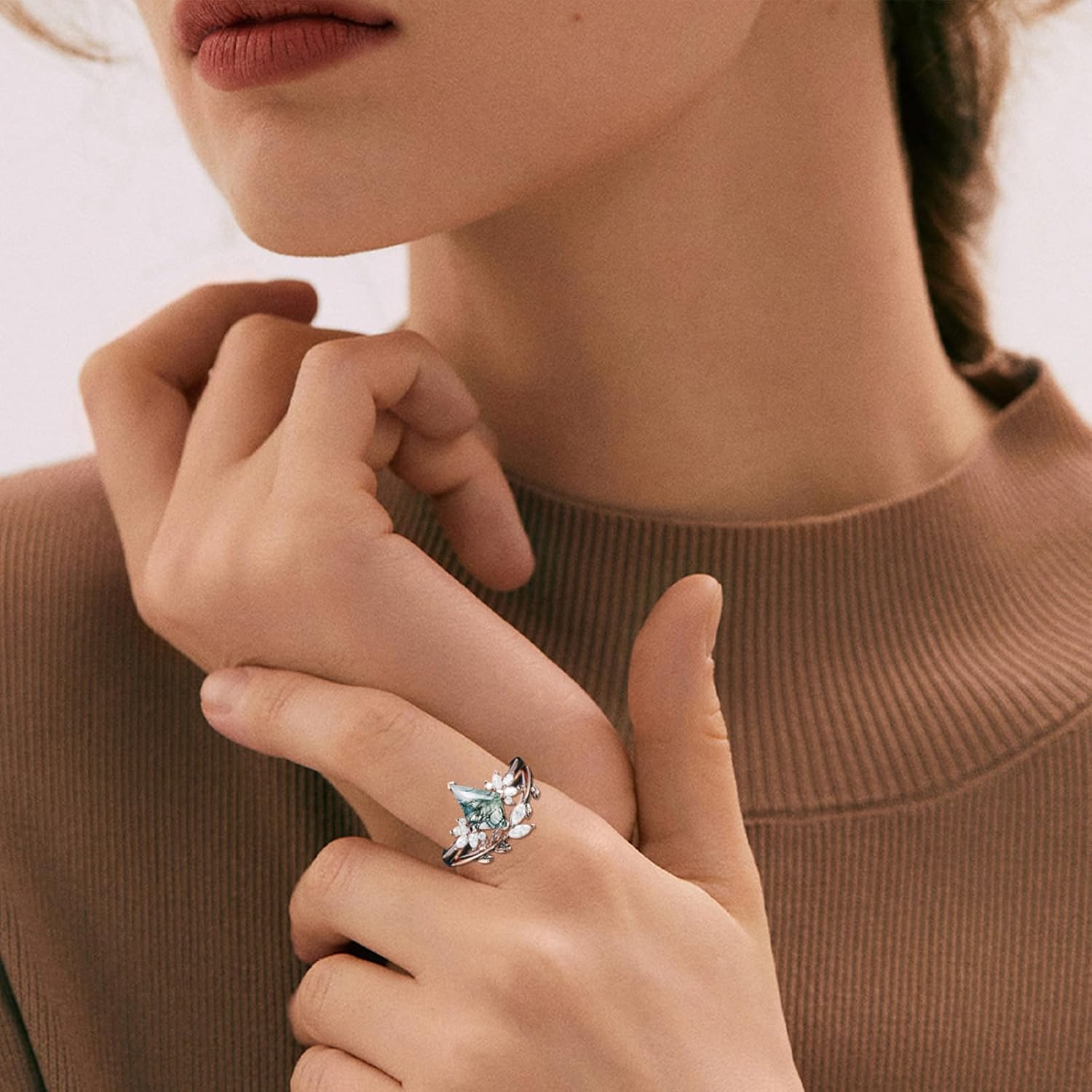 10K 14K 18K Rose Gold Natural Moss Agate Rings Set for Women Sterling Silver 2CT Kite Cut Moss Agate Engagement Ring Wedding Ring Set Size 4-12