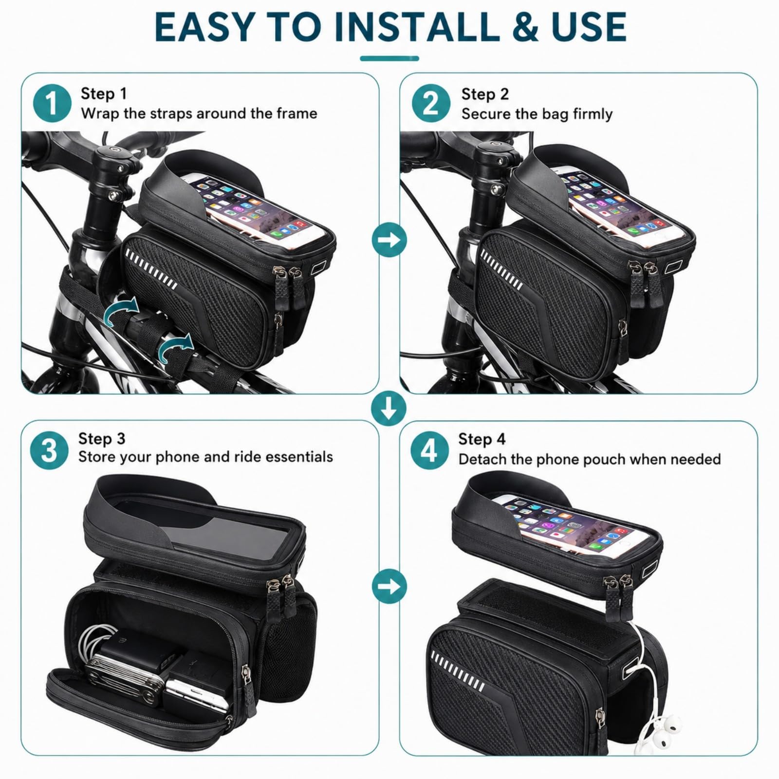Borsa da Telaio Bici per BH | Design 2 in 1 staccabile | finestra TPU touch 7,2" | zip impermeabile | strisce riflettenti | per bici città e mountain | 2L