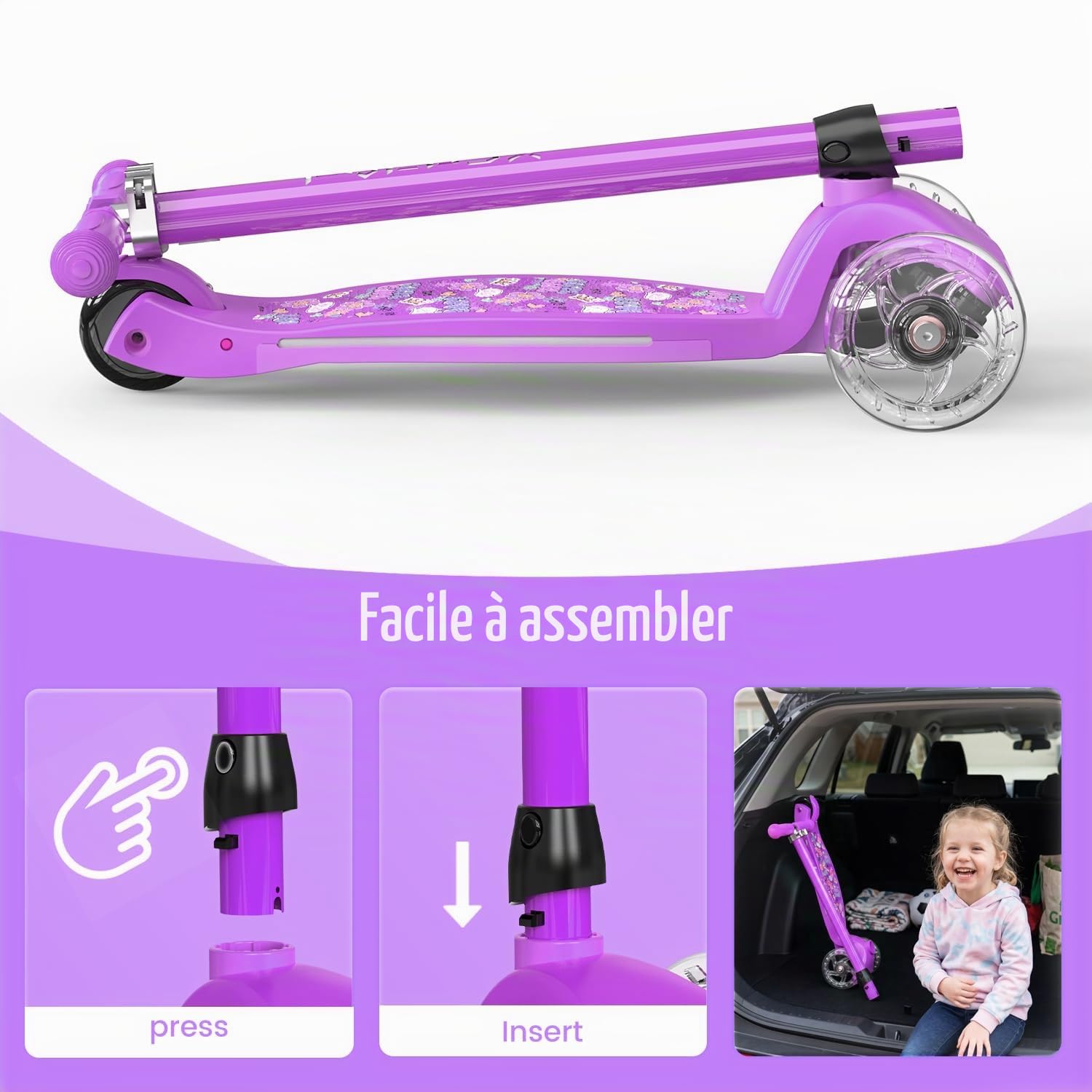 TONBUX Trotinette Enfants 3-8 ans, Trottinette pour Enfants avec Colonne, Roues et Plateau Lumineux, Plateau Métallique Renforcé, Hauteur Réglable 65–80 cm, Frein Arrière Réactif, Lean to Steer Design