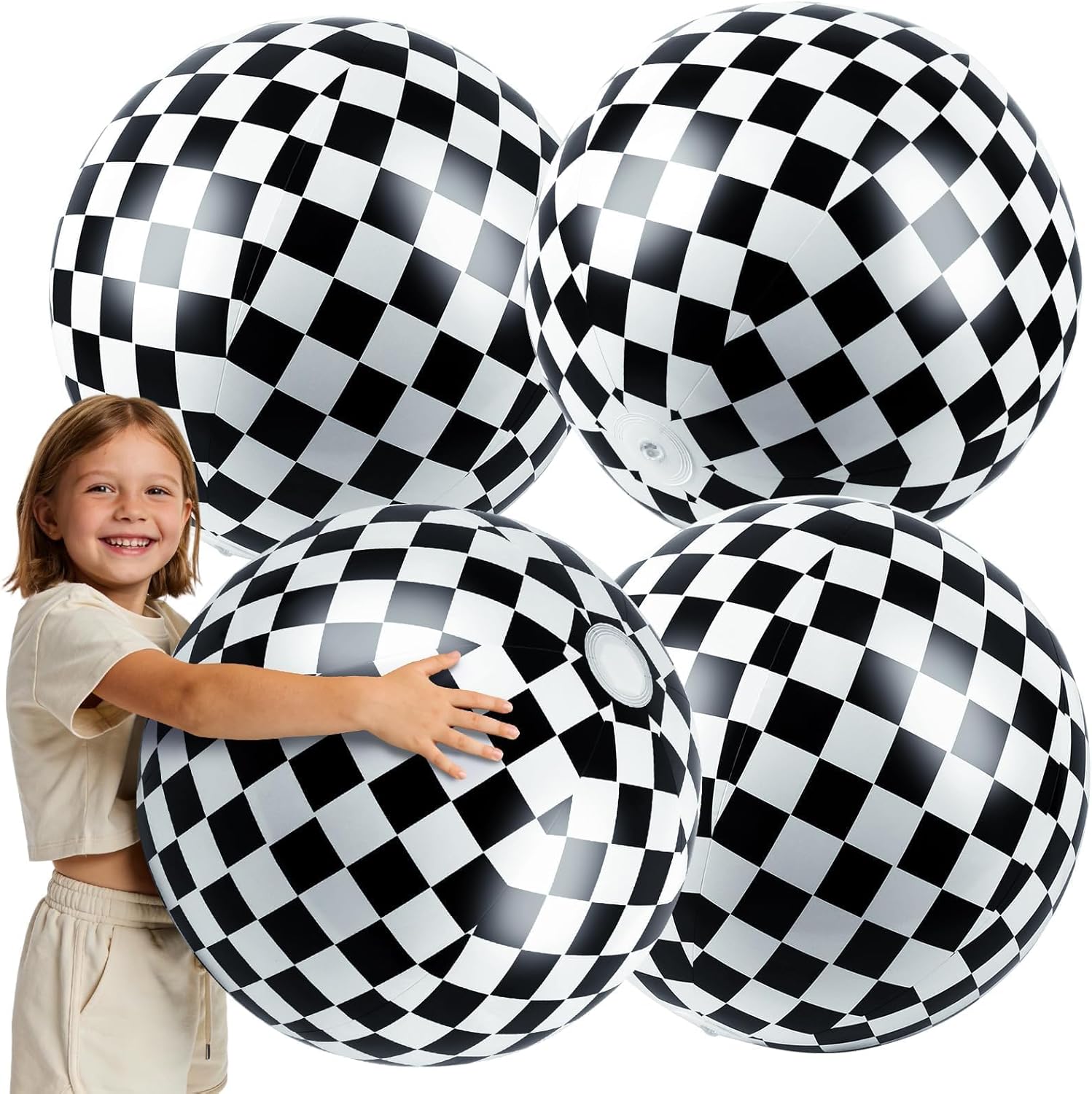 4 Pack 20-Inch Diameter Race Car Themed Beach Balls - Large Inflatable Black and White Checkered Beach Balls for Birthday Party Decorations, Summer Pool and Beach Game, and Bulk Party Favors