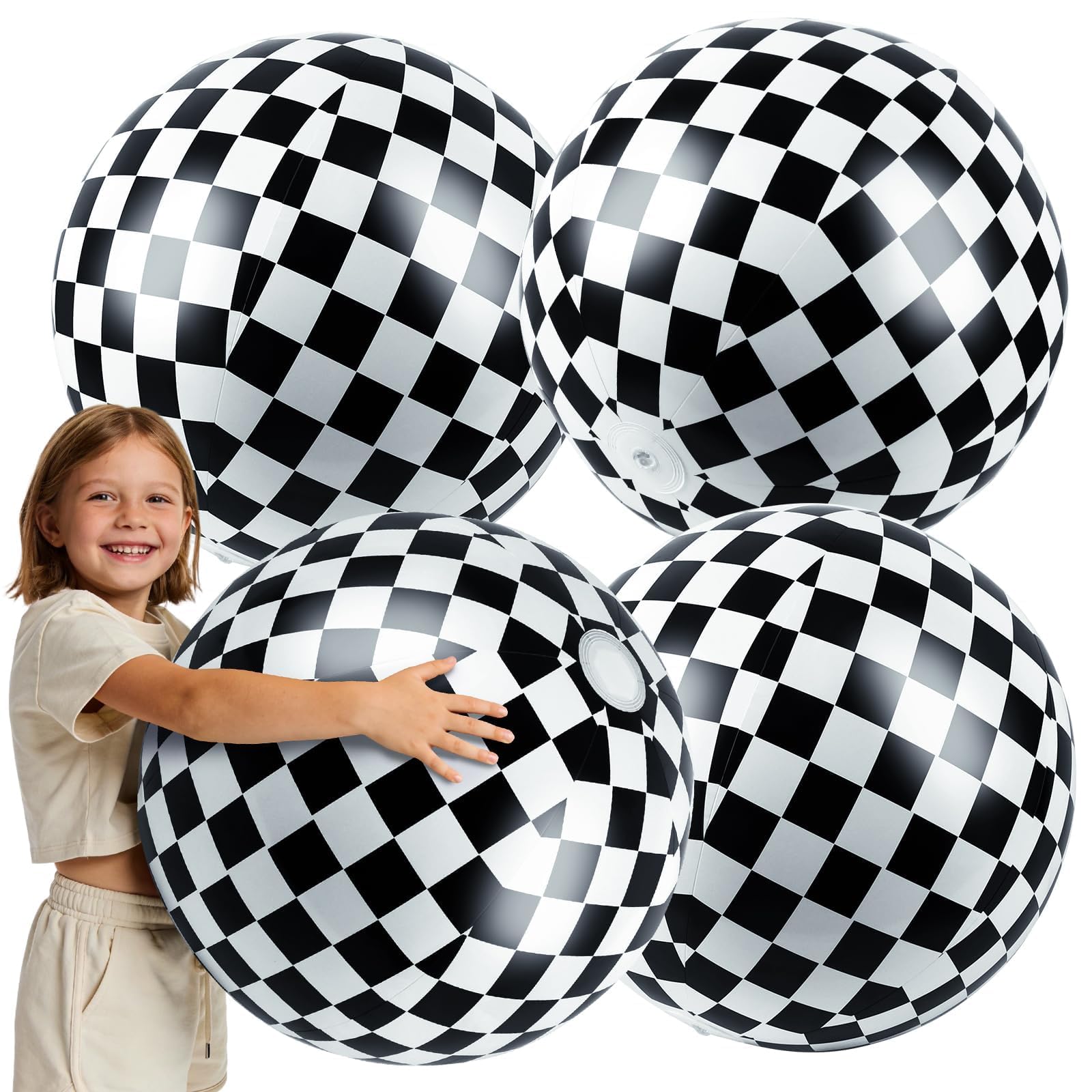 4 Pack 20-Inch Diameter Race Car Themed Beach Balls - Large Inflatable Black and White Checkered Beach Balls for Birthday Party Decorations, Summer Pool and Beach Game, and Bulk Party Favors