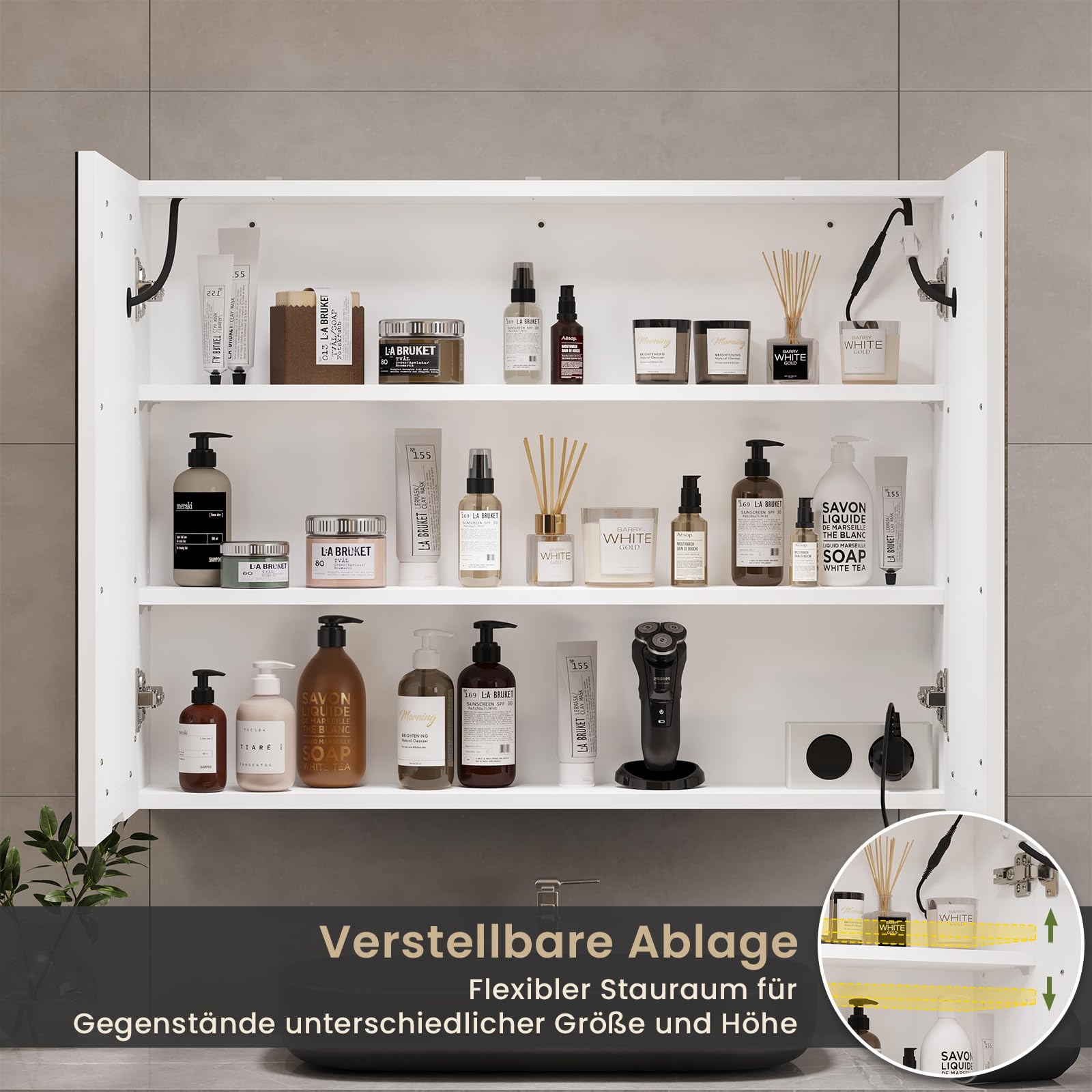 DICTAC Armario de Baño Con Espejo e Iluminación, 80x16x60 cm, Con Enchufe, Puerta Doble, Estante, Interruptor de Sensor Táctil, 80 cm de Ancho