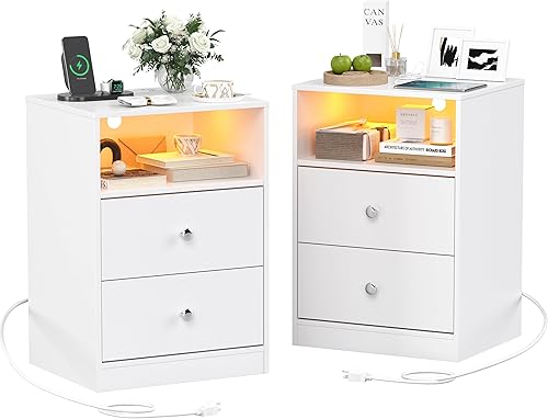 Miniatura 8 de Mesita de noche LED de madera con estación de carga, mesita de noche negra con 2 puertos USB y tomacorrientes, mesitas de noche con 2 cajones