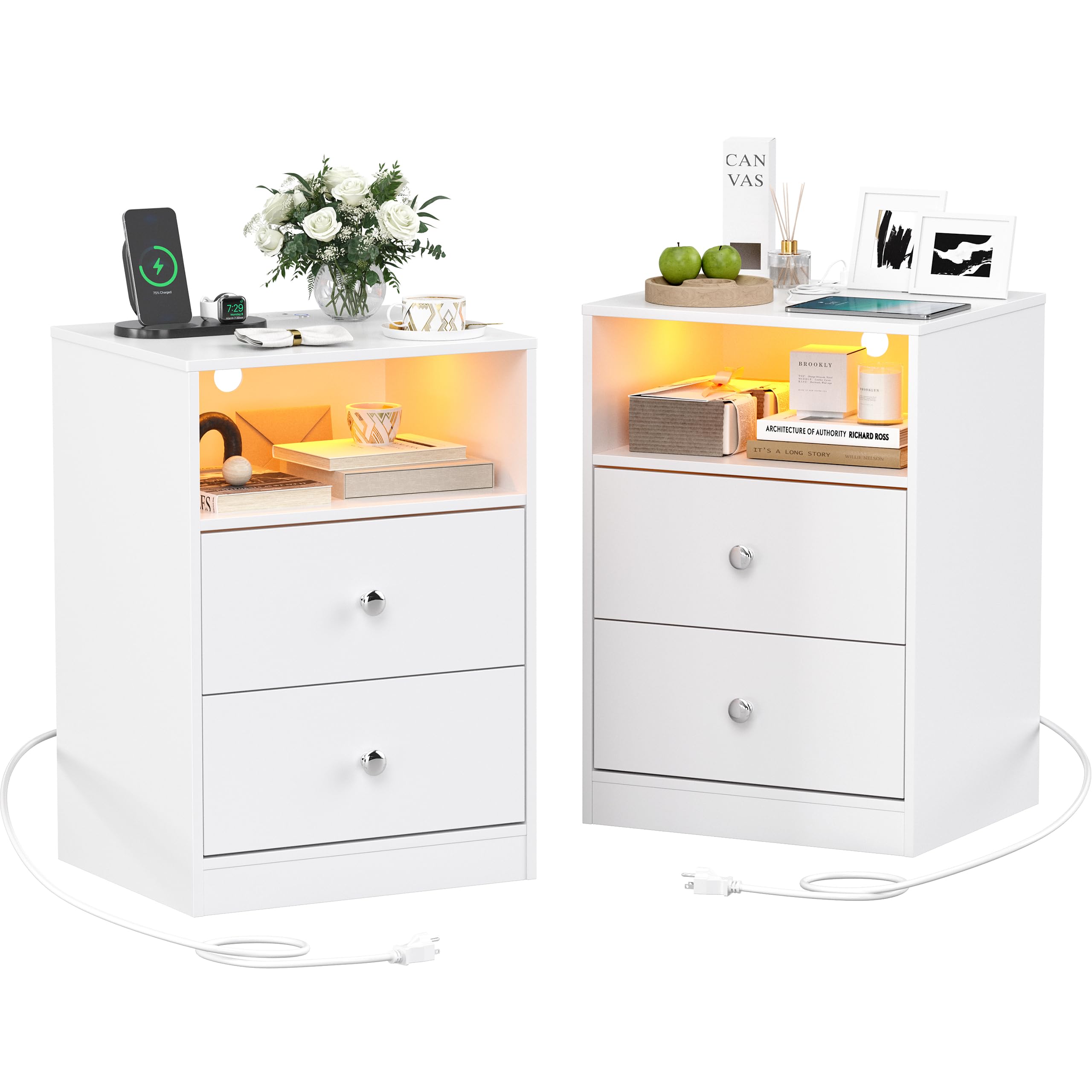 AYEASY Night Stand Set 2 with Charging Station, LED Wood White Nightstand Set of 2, Bedside table with 2 USB Ports & Outlets and 2 Large Drawers, End