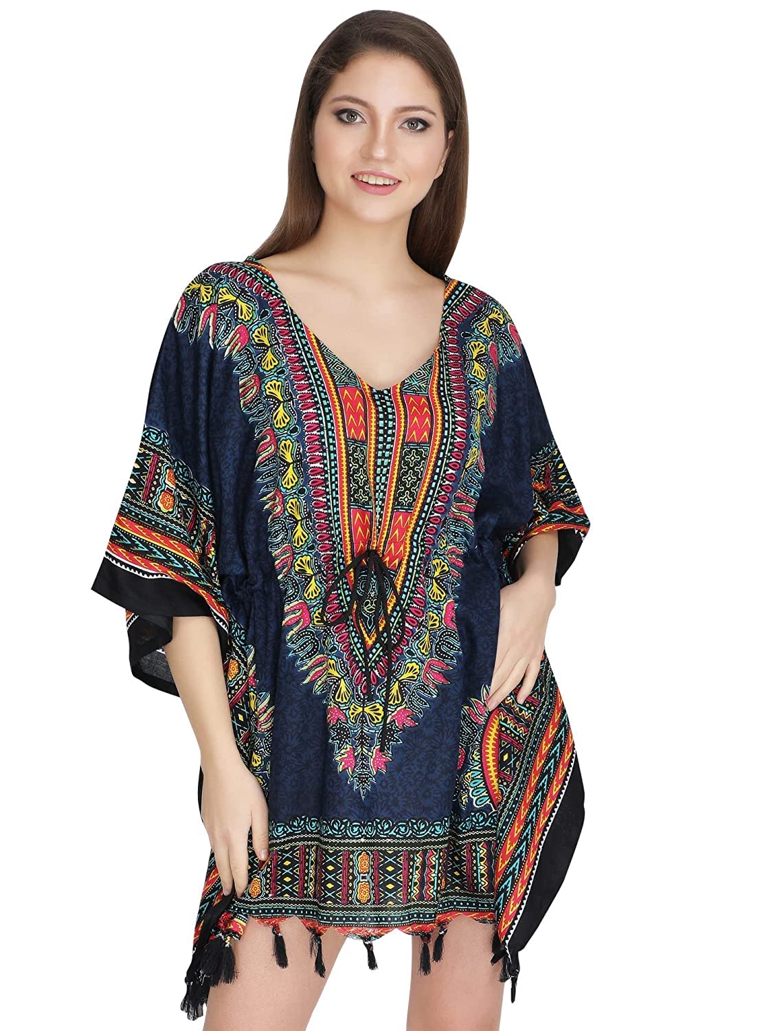 ukal Women's and Girl's Short Dashiki Print Kaftan Dress Beach Wear Kimono Nighty (Large, Blue)-picture-2