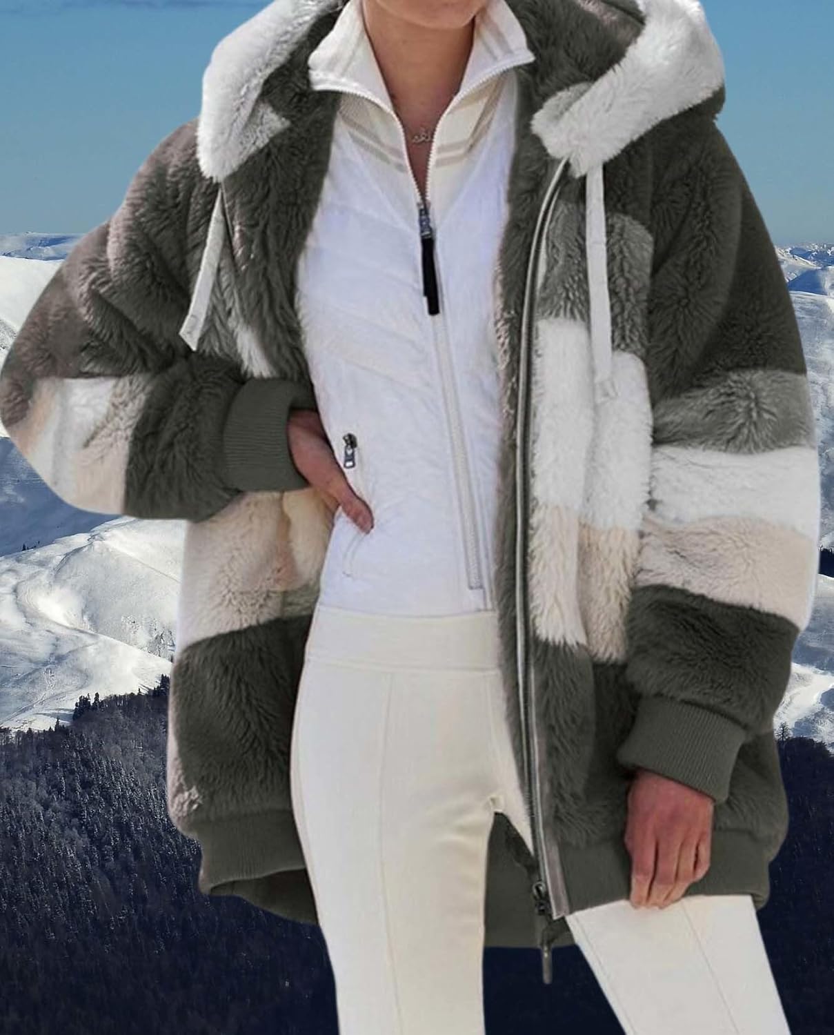 Fleece Jacket for Women Hooded Long Sleeve Zip Up Color Block Patchwork Cardigan Plus Size Winter Coat with Pockets