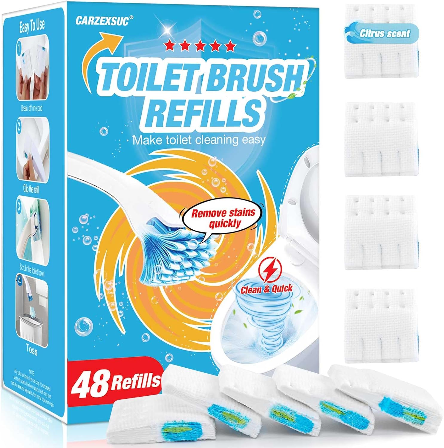 Toilet Cleaner Refill Pads 48 Refills Citrus Scent Toilet Scrubber Refill Enhanced Odor Control Clean Stains Disposable Brush Refill for Bathroom