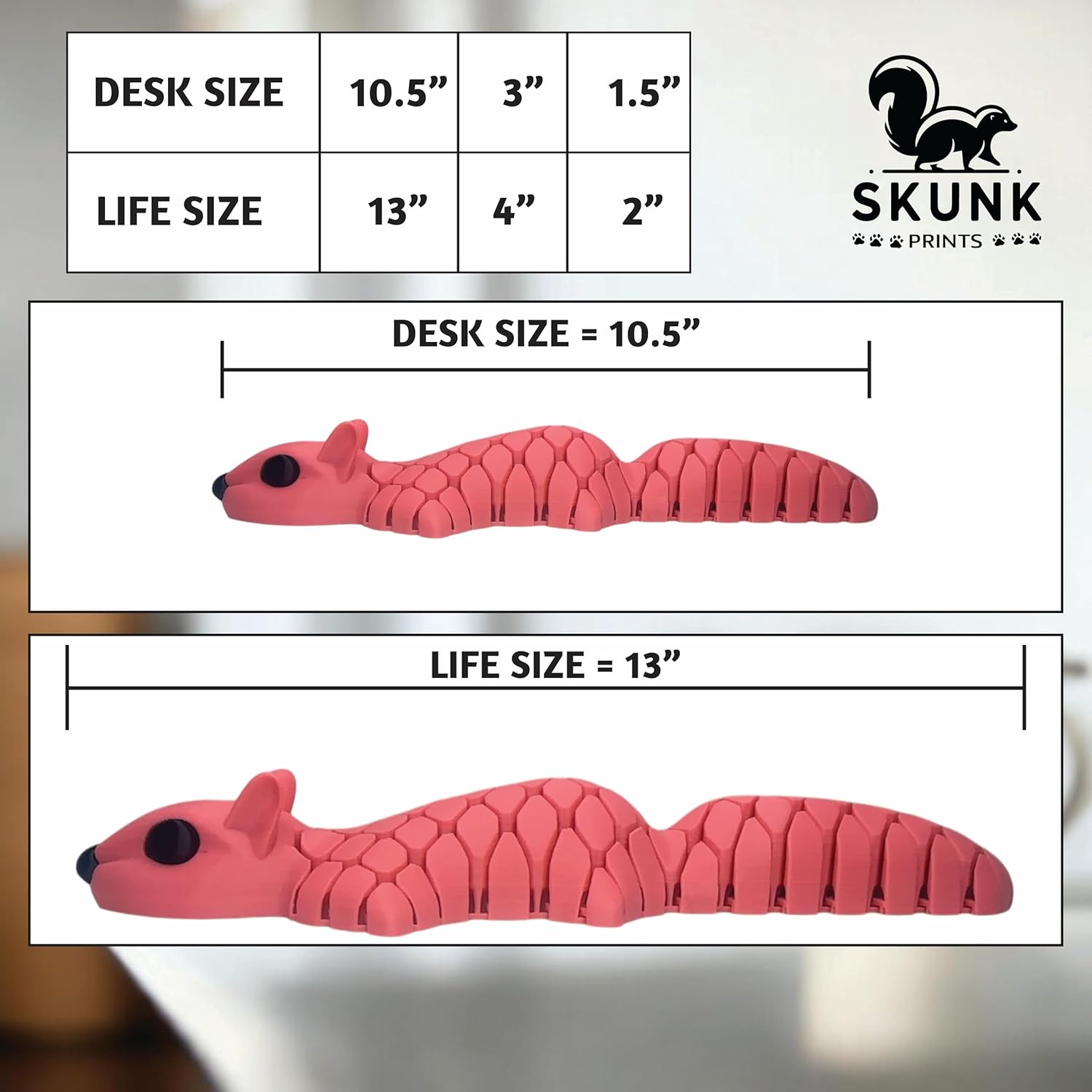 HyperFlexi™ Desk-Size Squirrel — Executive Desk Toy — Real-Squirrel Feel, Articulated Chainmail Mesh, Tactile Motion — 3D-Printed — Skunk Prints LLC (Pink)