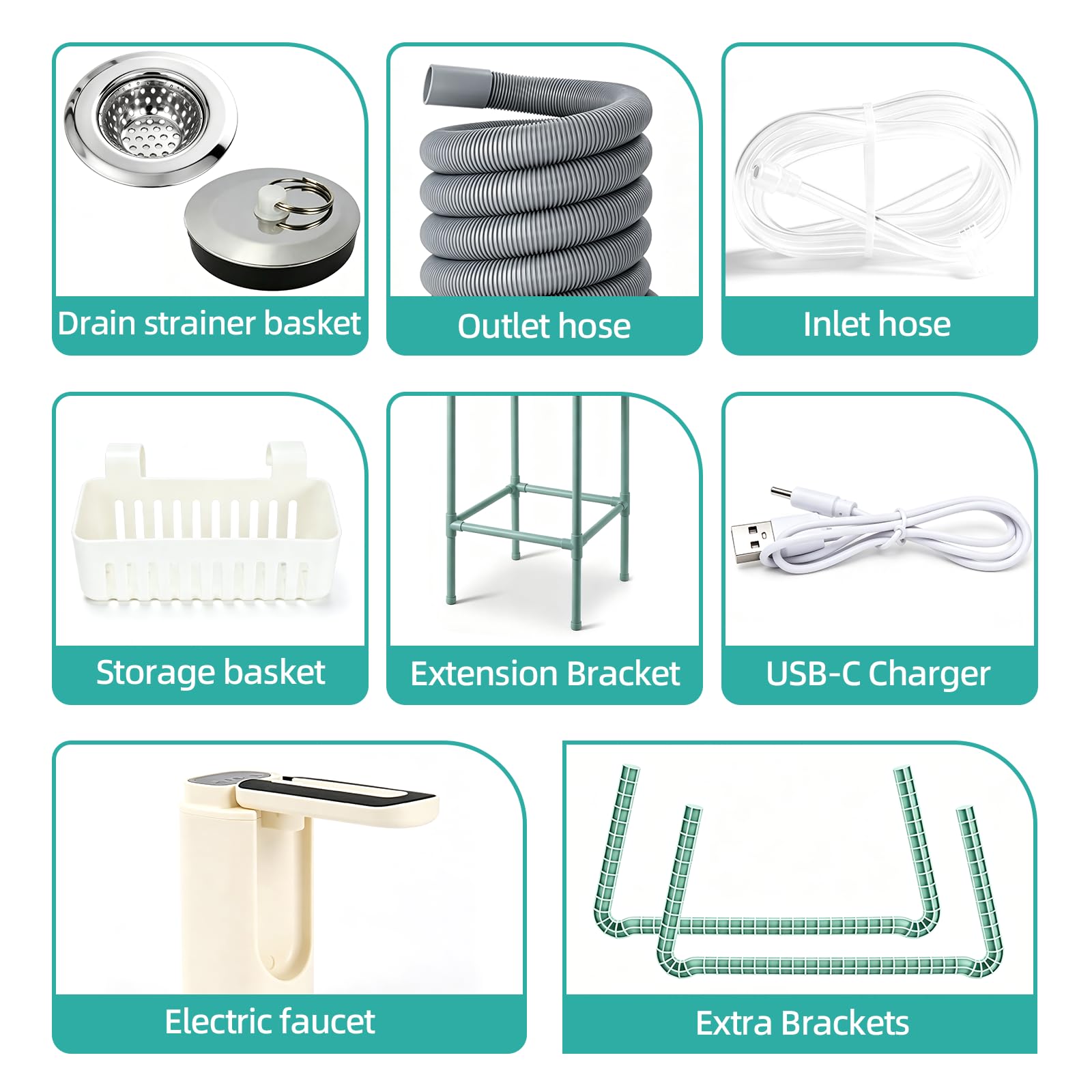 Umywalka kempingowa, z elektrycznym kranem i pompą wodną, 3-stopniowa regulacja wysokości, w zestawie wąż dopływowy i odpływowy, wysokie nogi, przenośna stacja myjąca do użytku na zewnątrz, na kemping