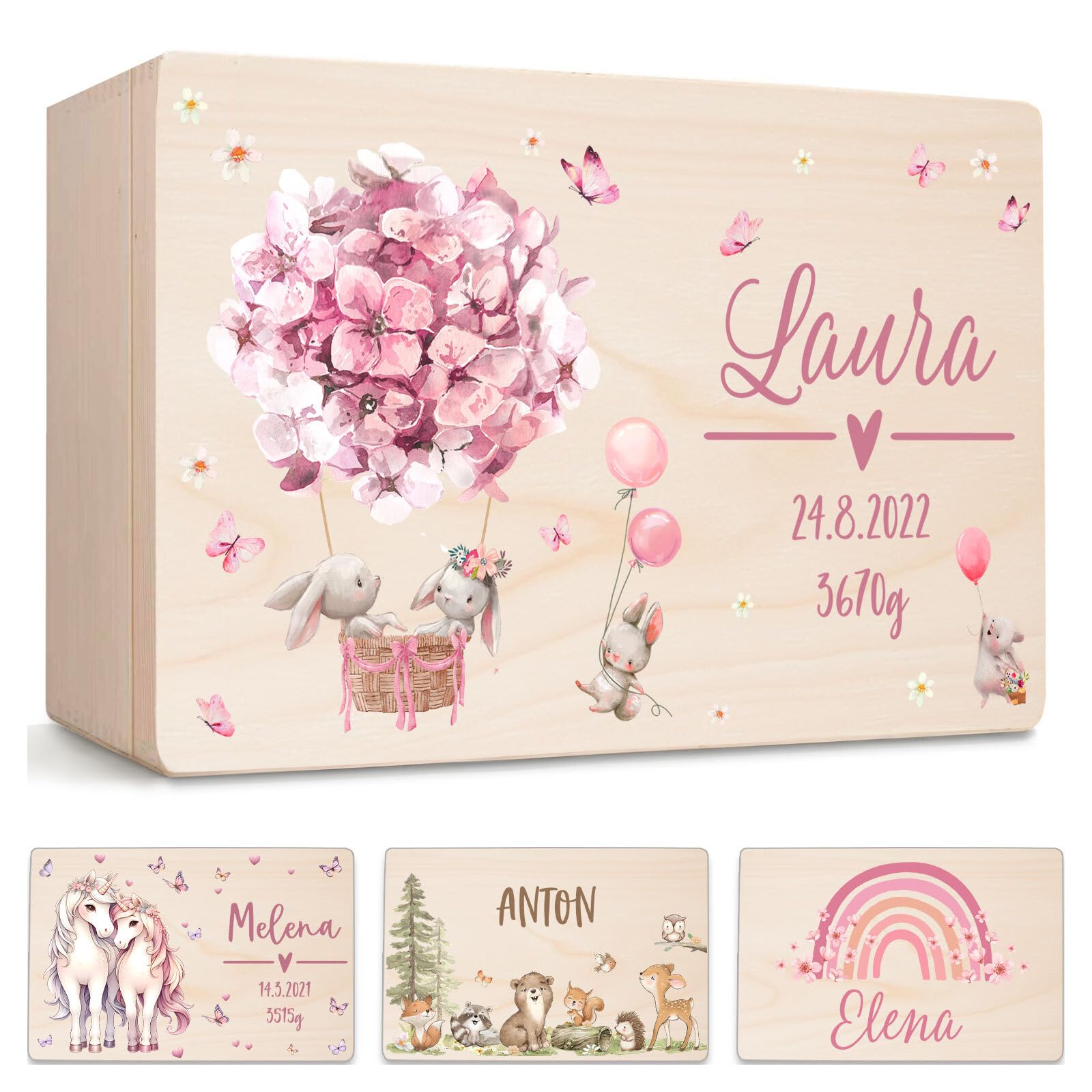 Little Deco Personalisierte Erinnerungskiste Baby Holzkiste | L - 40 x 30 x 22 cm | Hasen Geschenk Geburt Aufbewahrungskiste Geburtstag Spielzeugkiste für Mädchen XHL1023-01L