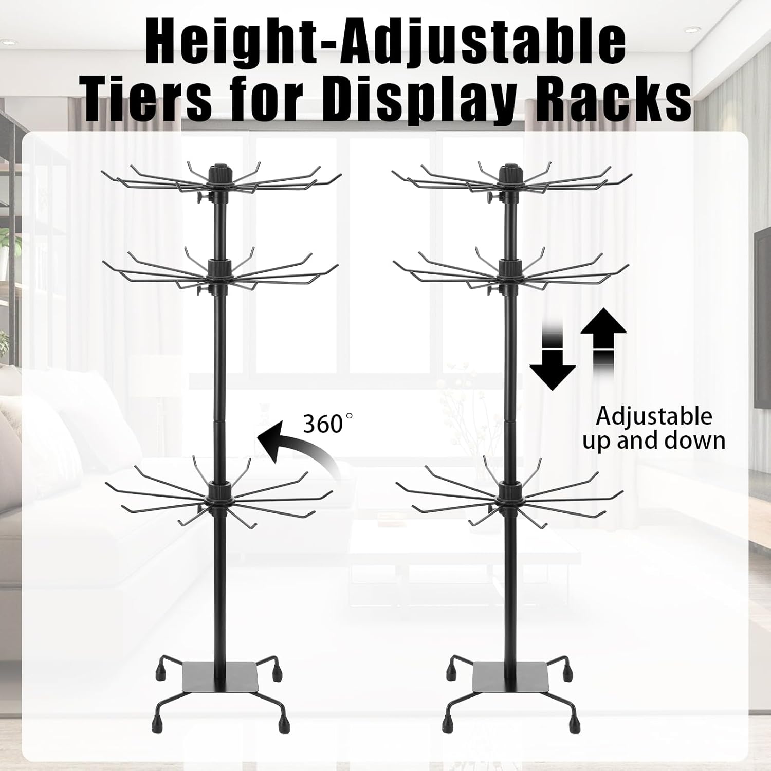 Kifmurase 2PCS Rotating Display Stand Metal Spinner Display Rack with Hooks Adjustable Height Holders for Earrings Necklace Key Rings, 3 Tiers Retail Vendor Jewelry Display Rack(Black)