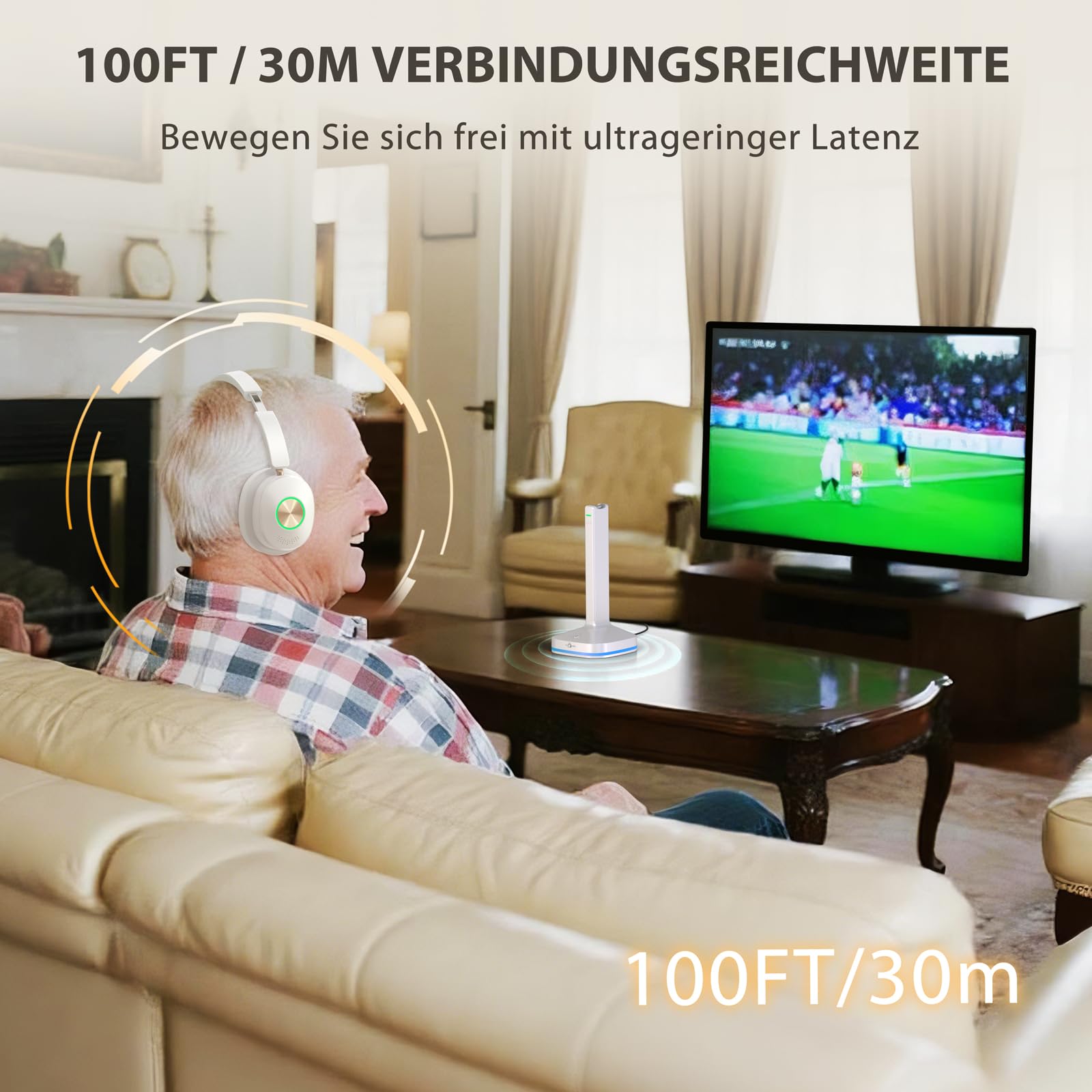Earbay TV Kopfhörer kabellos,Fernsehkopfhörer, Funkkopfhörer für Fernseher mit Sender-Ladestation, 3 Audiomodi, Keine Verzögerung, Über-Ohr für Senioren, Plug and Play, Weiß