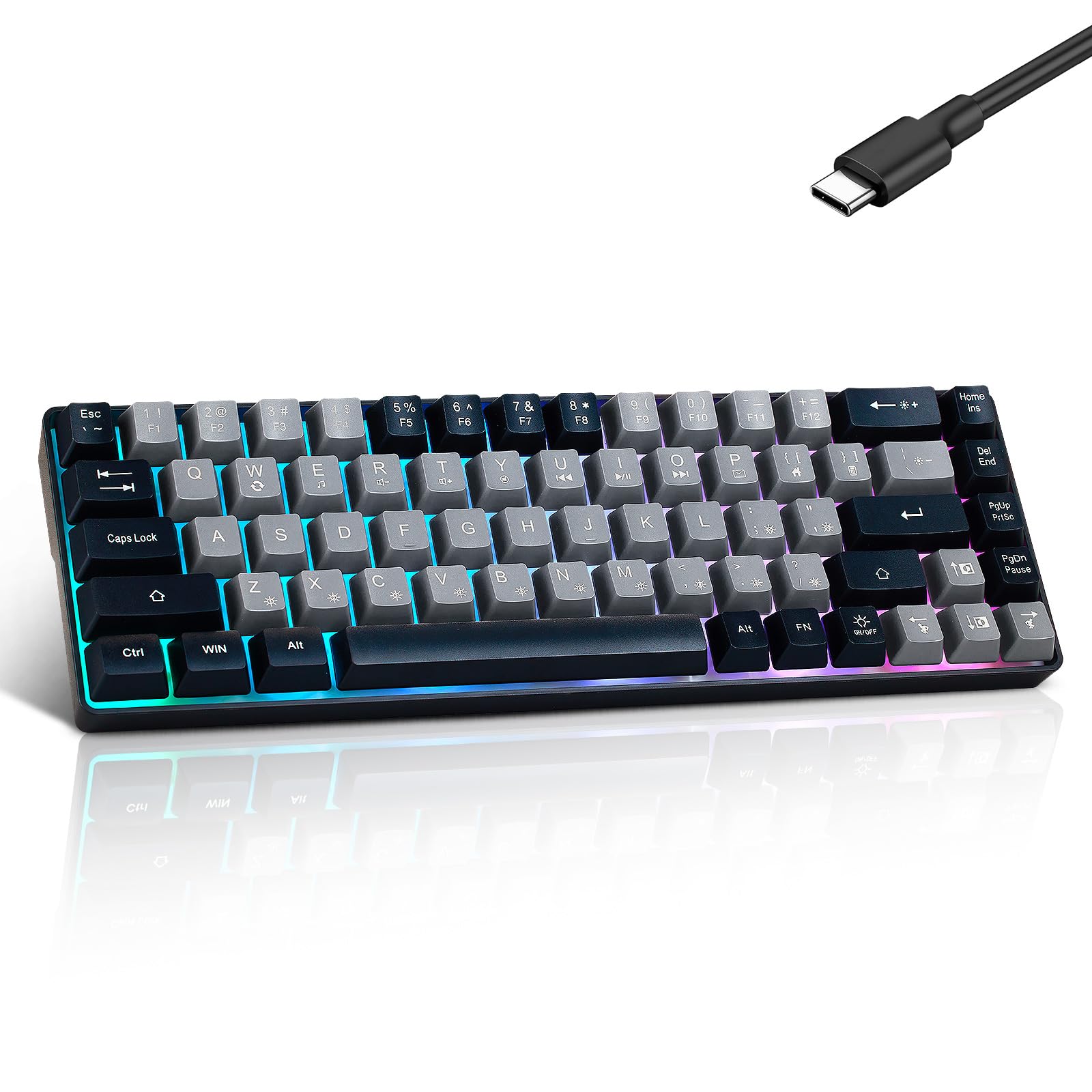 Tastiera da gioco portatile con cavo, 60% meccanica, retroilluminata a LED RGB, compatta, 68 tasti, mini tastiera da ufficio con cavo, per Windows, laptop, PC, Mac, gamer, dattilografi, viaggi di