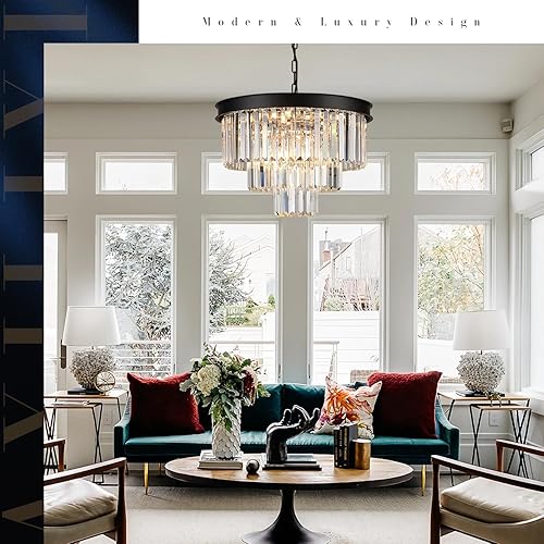 Miniatura 4 de AXILIXI - Candelabros de cristal negro, modernos, redondos, 20 pulgadas, regulables, 9 luces, lámparas colgantes de techo, 3 niveles, gota de lluvia