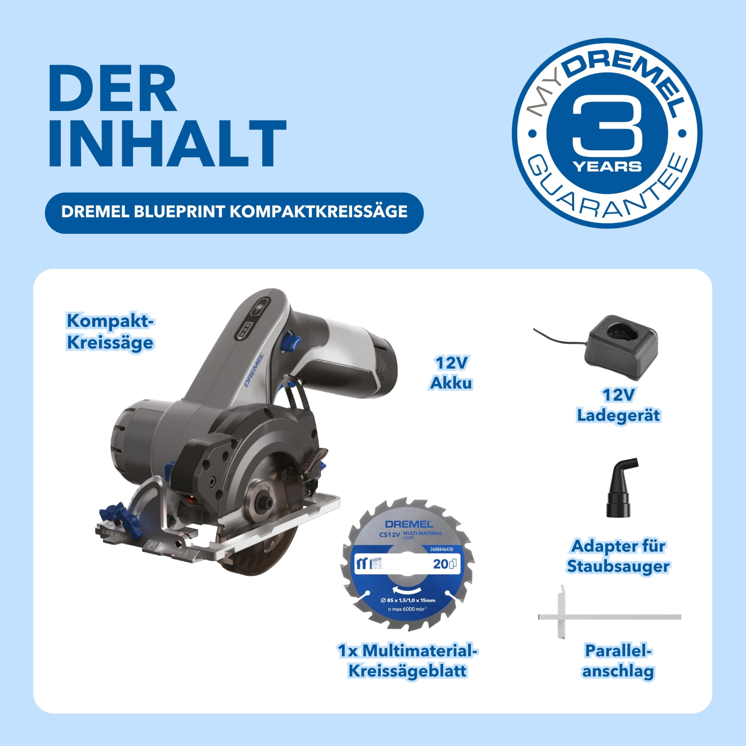 Dremel Blueprint 12V Akku-Kompaktkreissäge mit bürstenlosem Motor mit Laser-Linienführung, Führung für Schrägschnitte 1 Multimaterial-Kreissägeblatt, 1 2.0 Ah Akku+Ladegerät Parallelanschlag CS12V-S1