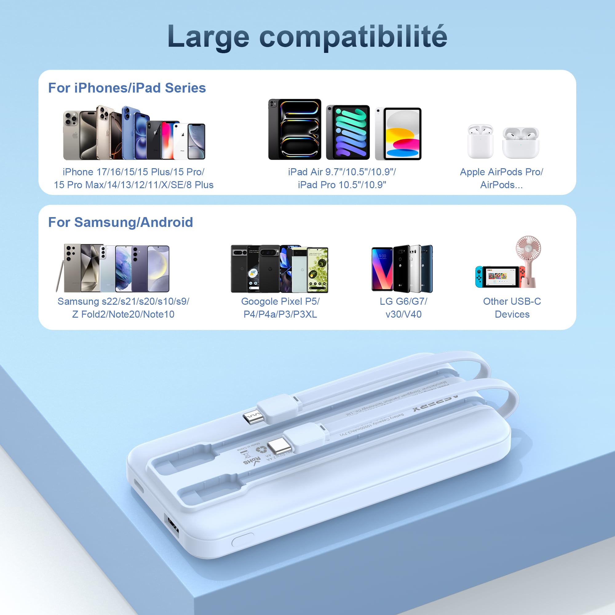 AsperX Powerbank - Batería externa (2 unidades, 10000 mAh, cable USB-C, carga rápida) | Power Bank 4 en 1 con pantalla LED, USB C encendido y salida, batería compatible con iPhone Samsung, para viajes y acampadas