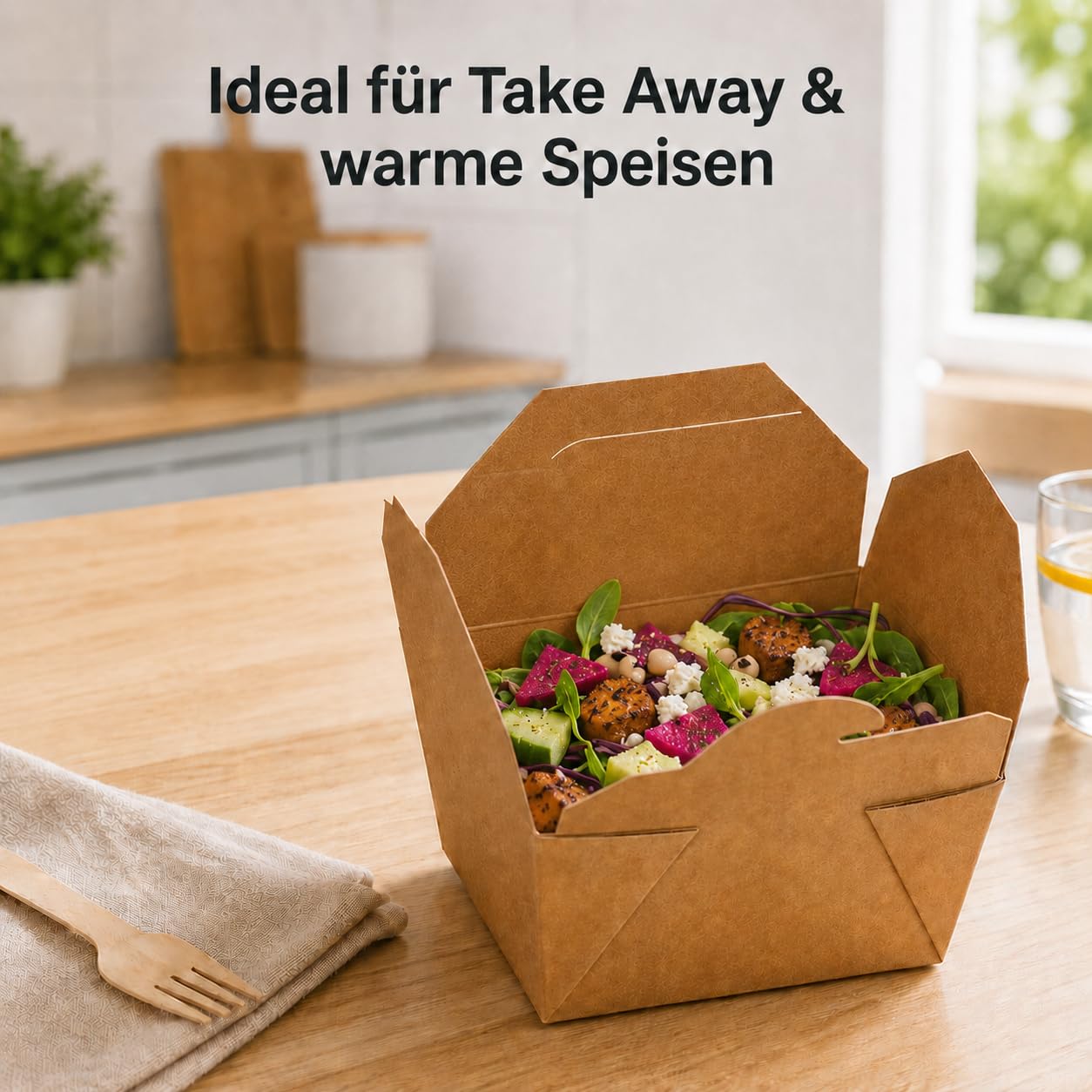 300x Take Away Box 1200ml I Bio Speisebox mit Faltdeckel Pappschachtel rechteckig I braune Kraftkarton Schachtel I Einweg to Go Boxen